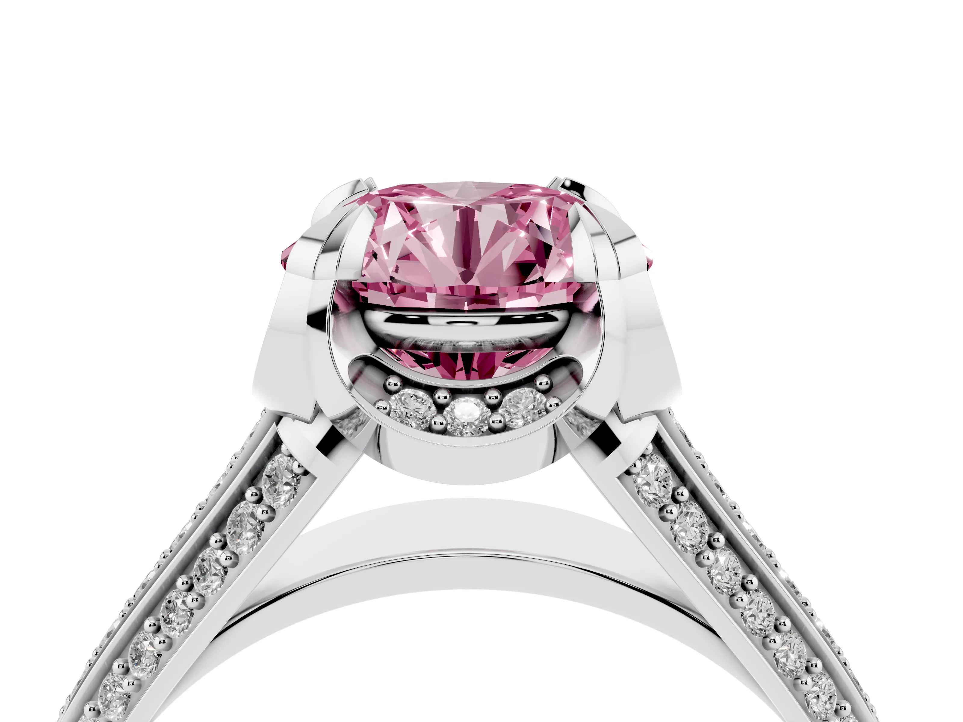 Fancy Pink Round Cut Diamond Pavé Split Shank Solitaire Ring Set in Platinum with Prong Setting