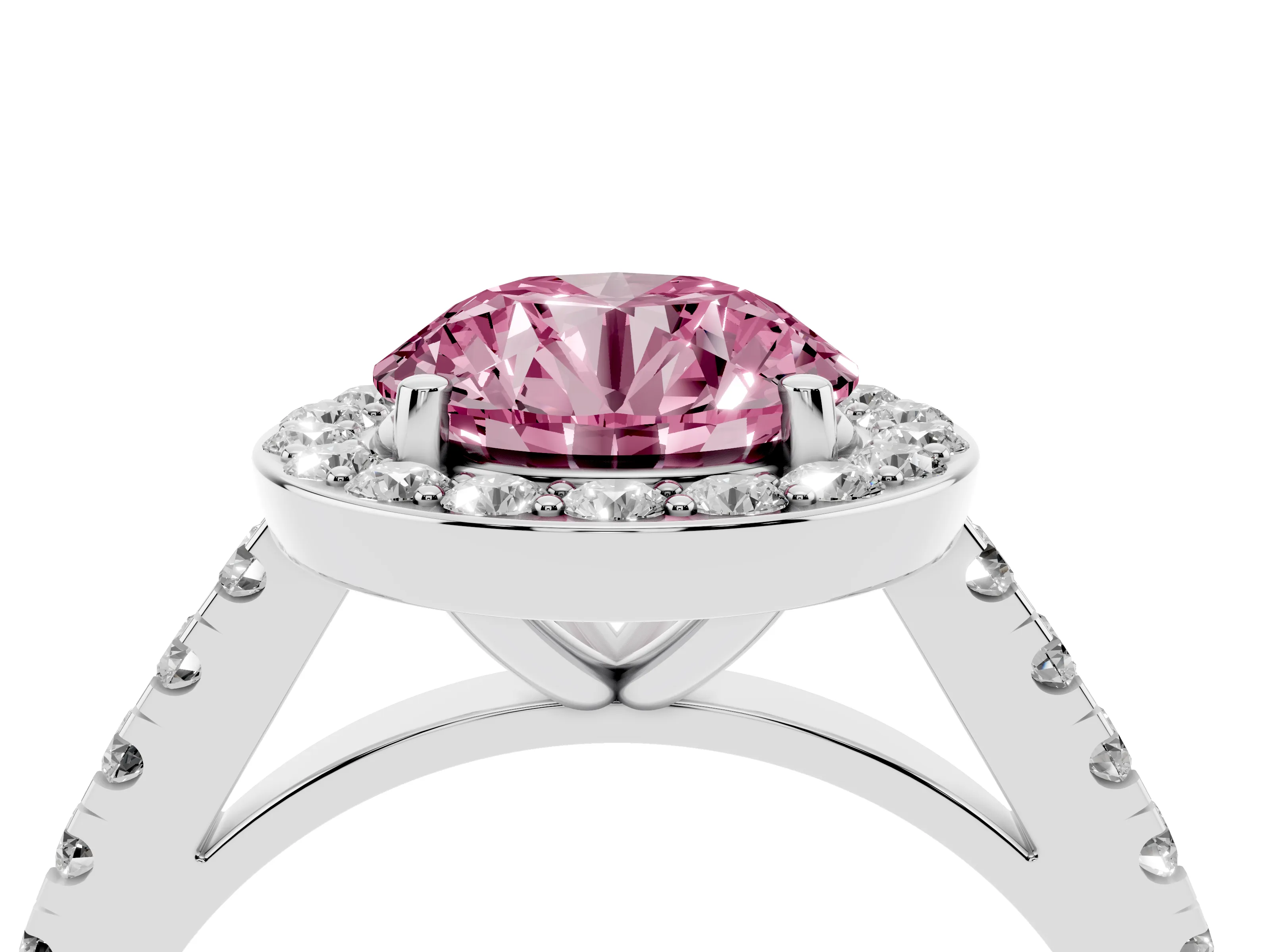 Fancy Pink Round Cut Diamond Halo Ring Set in Silver with Round Pavé Split Shank and Prong Setting