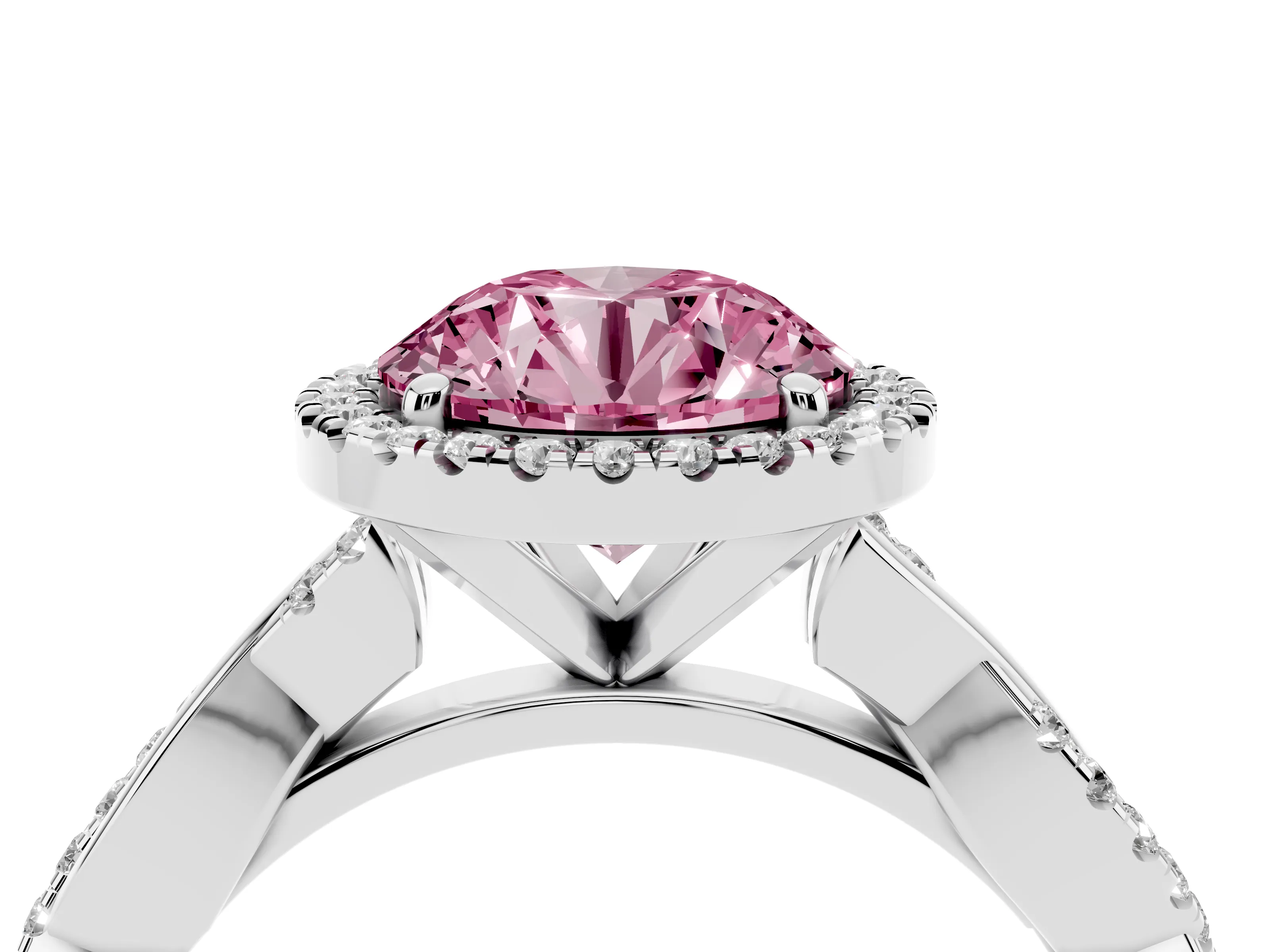 Fancy Pink Round Cut Diamond Halo Twisted Band Ring Set in Silver with Prong Setting