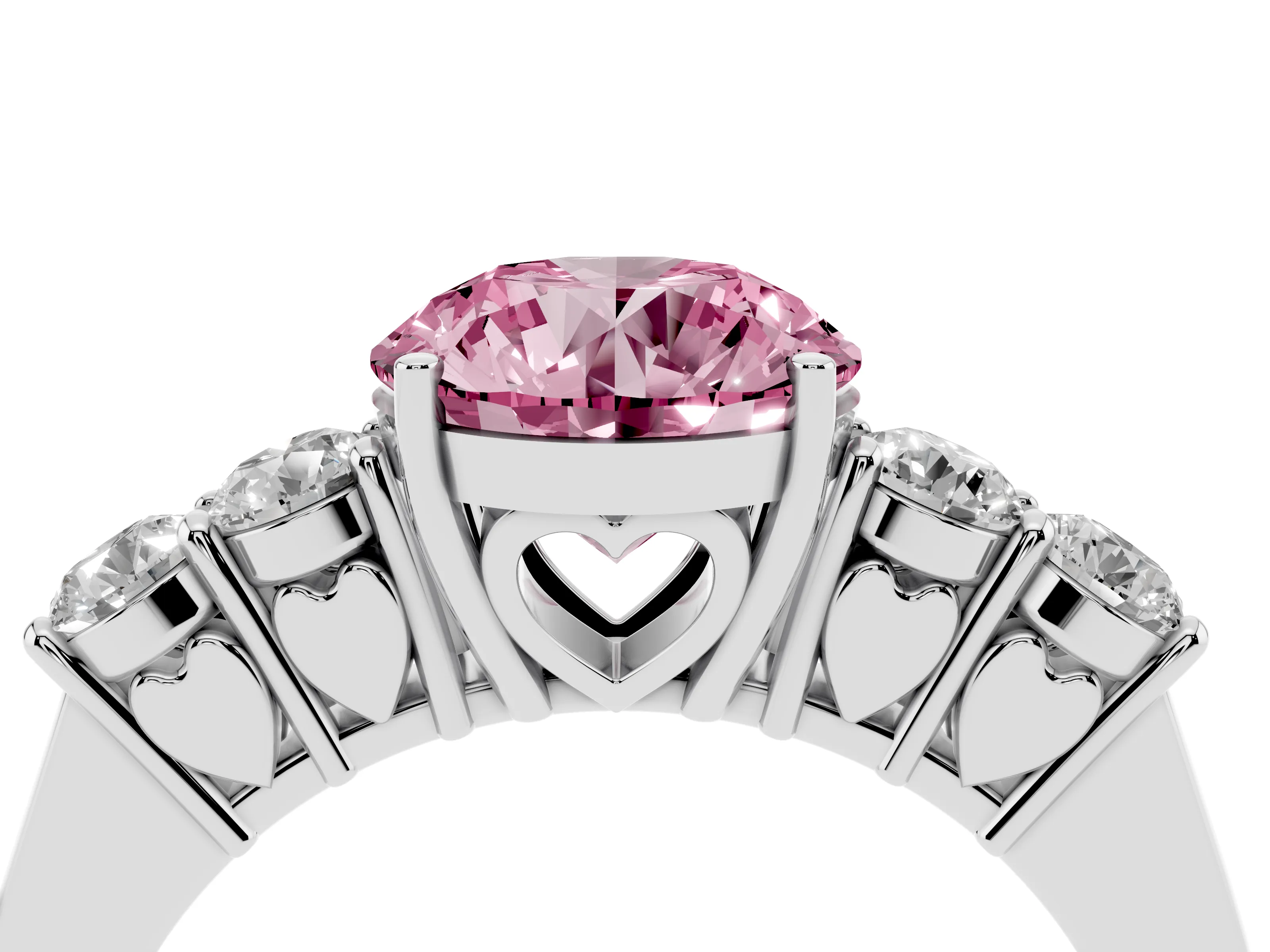 Fancy Pink Round Cut Diamond Five-Stone Prong Set Band Ring Set in Silver with Polished Band