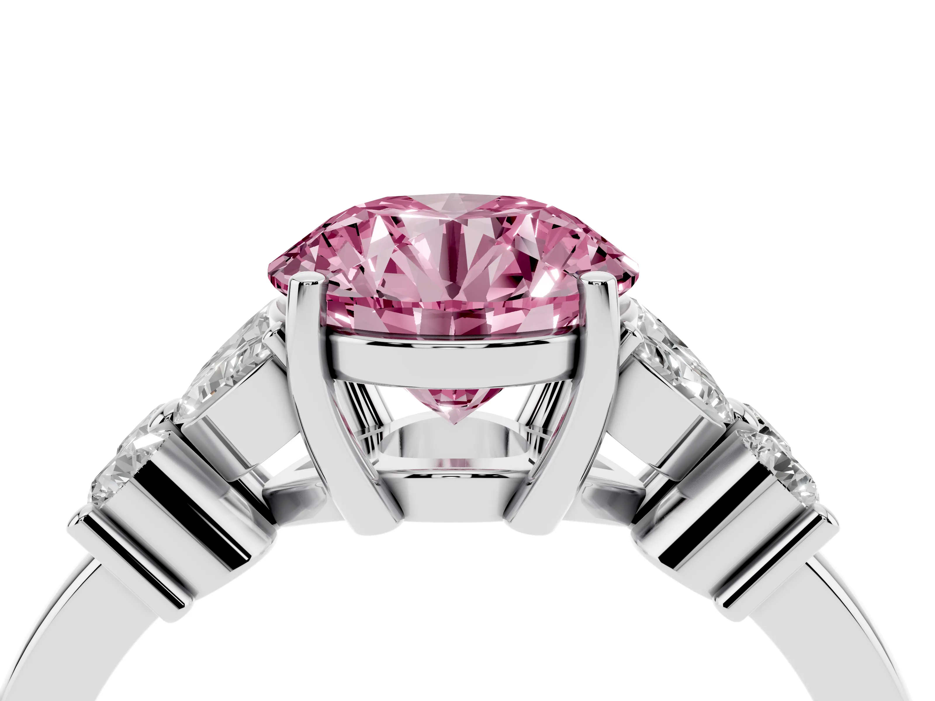 Fancy Pink Round Cut Diamond Floral Cluster Ring Set in Platinum with Marquise Petals and Prong Setting