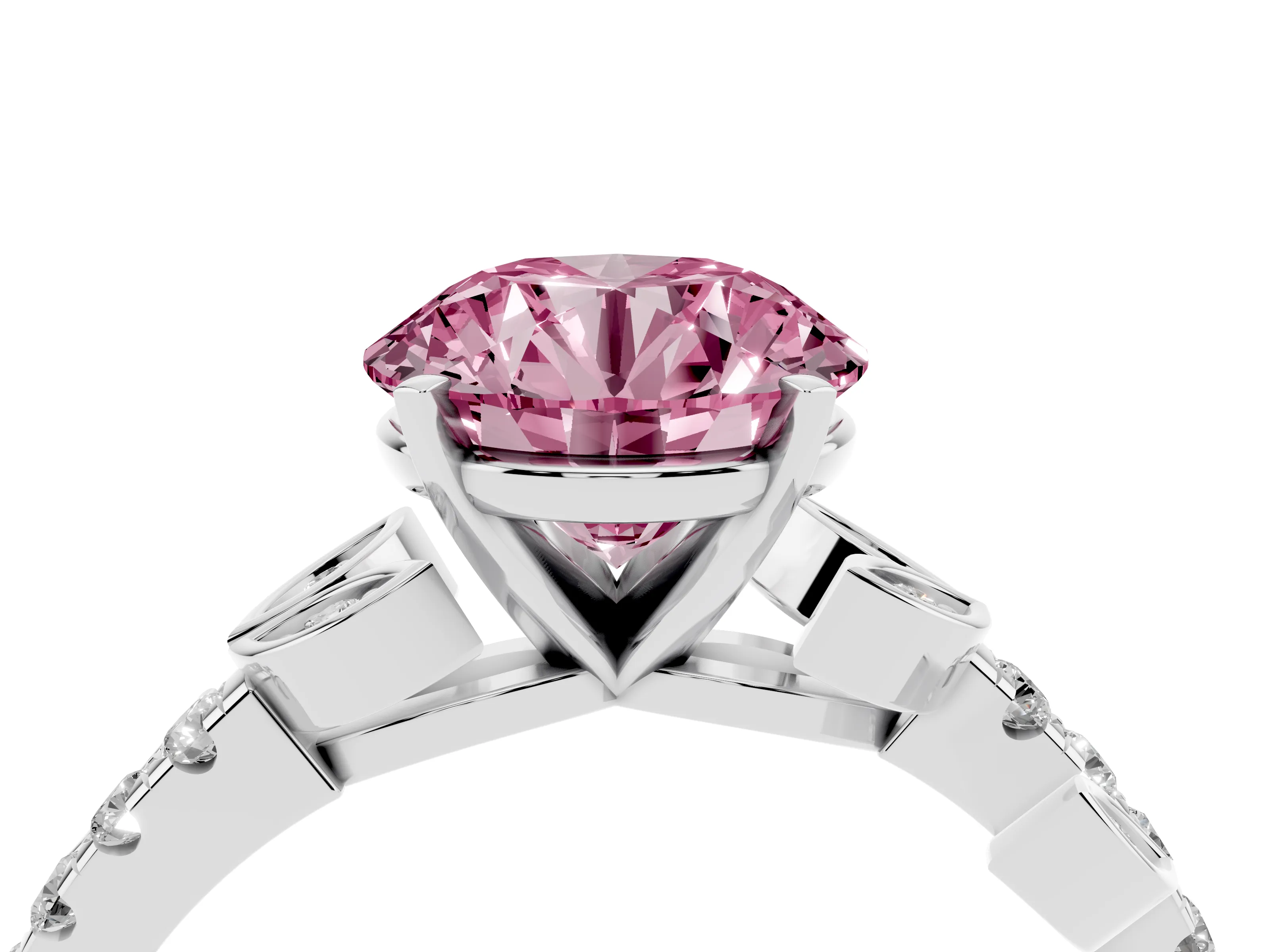 Fancy Pink Round Cut Diamond Solitaire Leaf-Inspired Ring Set in Platinum with Pavé Band and Prong Setting