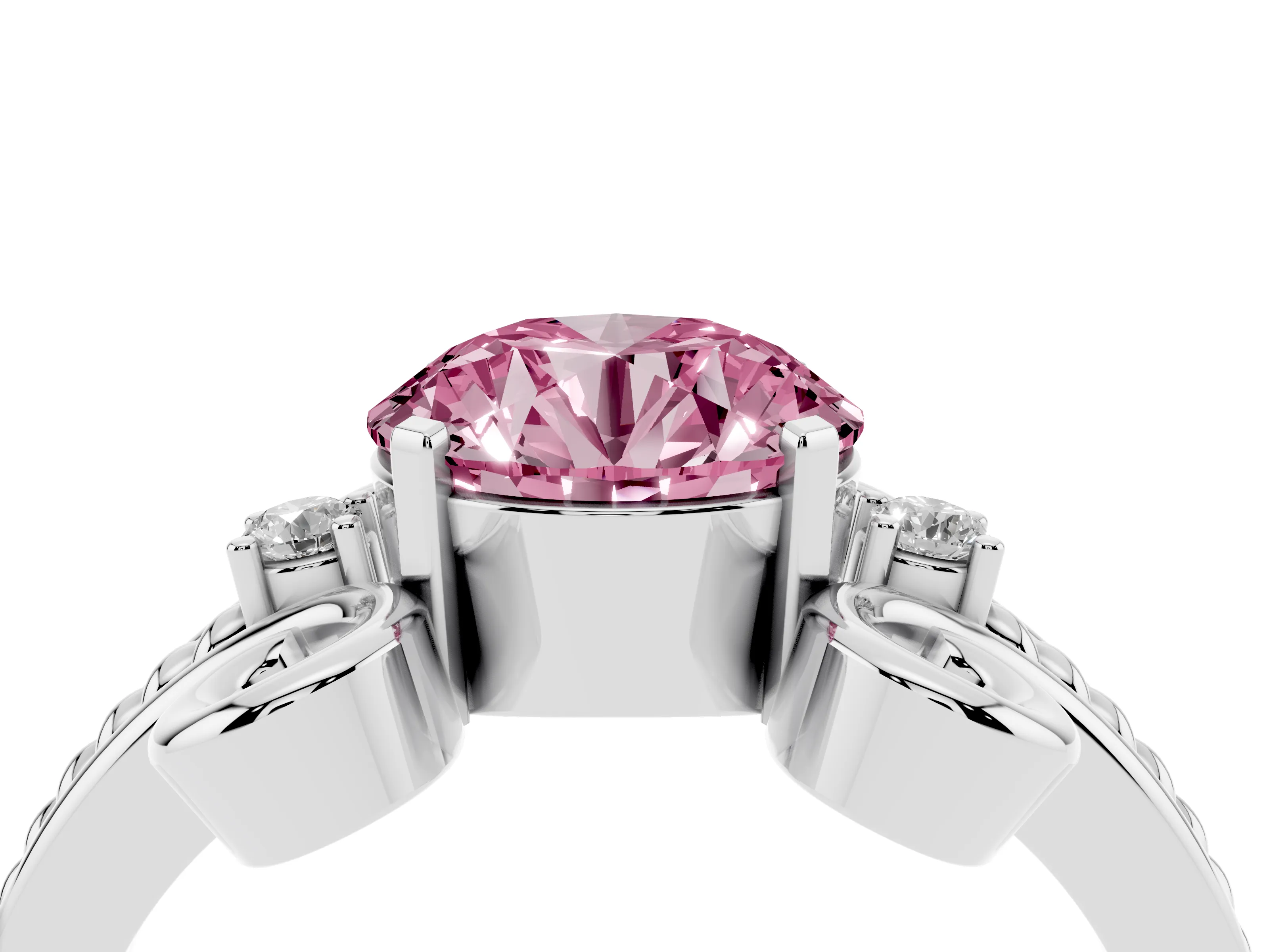 Fancy Pink Round Cut Diamond Twisted Band Solitaire Ring Set in Platinum with Scroll Prongs