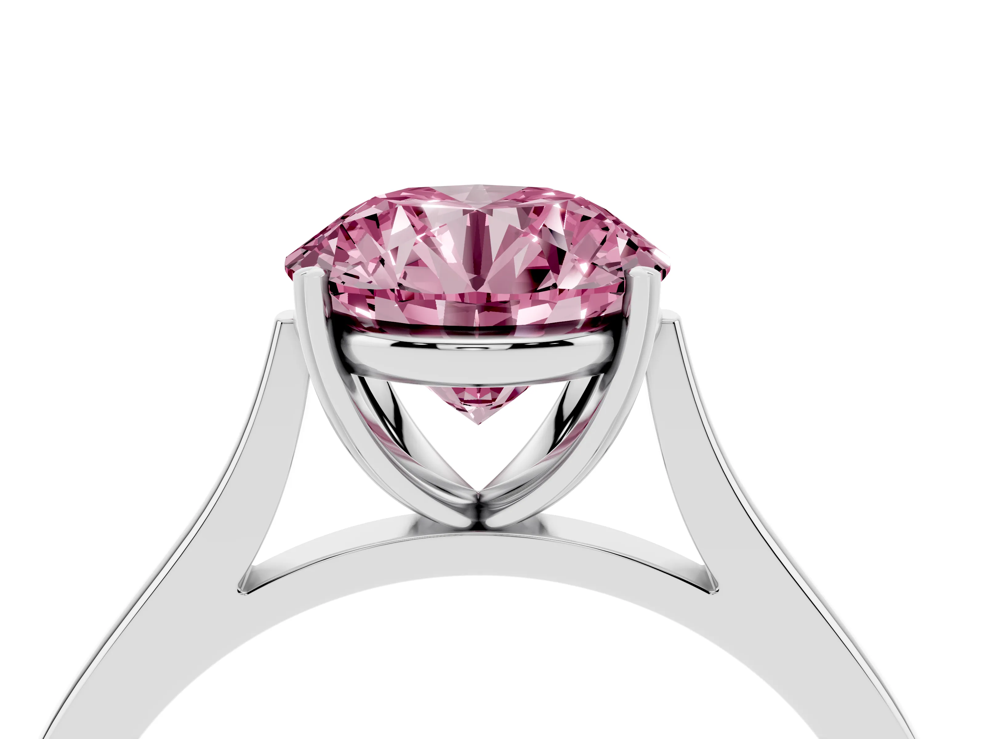 Fancy Pink Round Cut Diamond Solitaire Heart Prong Engagement Ring Set in Platinum with Tapered Band