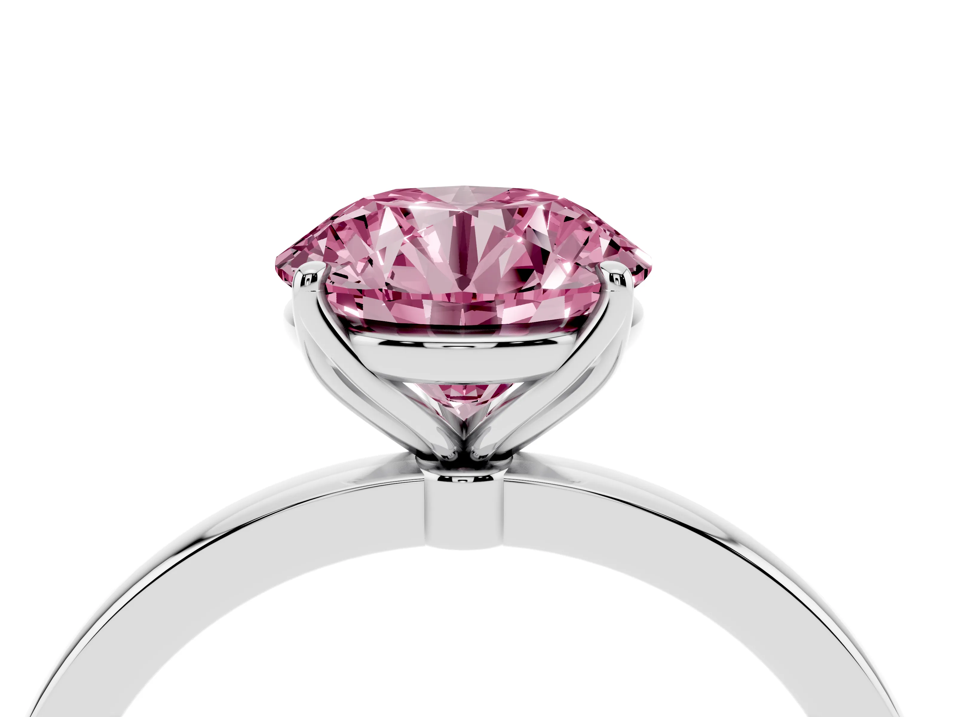 Fancy Pink Round Cut Diamond Solitaire Ring Set in White gold with Prong Setting and Thin Polished Band