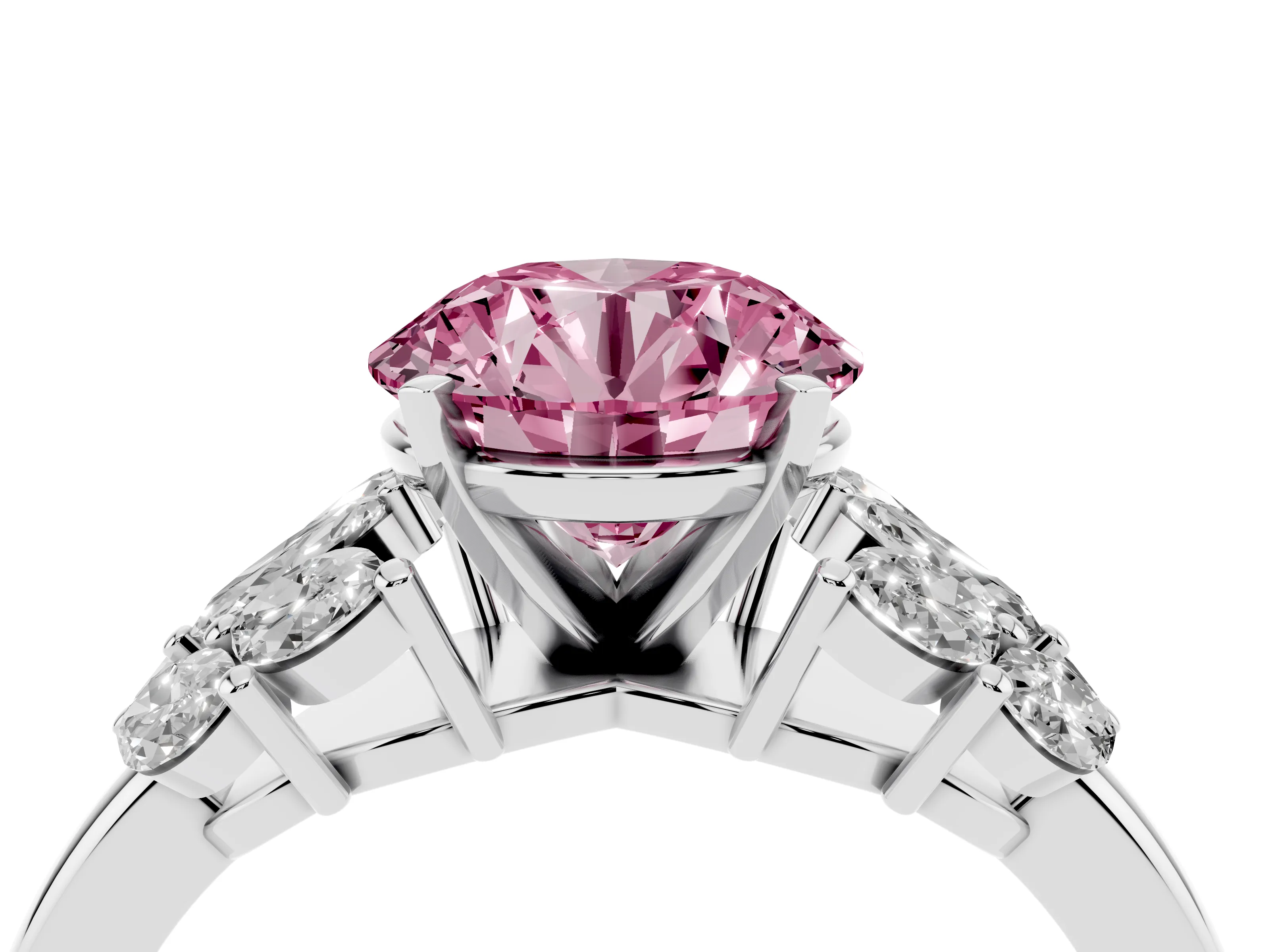 Fancy Pink Round Cut Diamond Cluster Leaf Design Ring Set in Platinum with Prong Setting