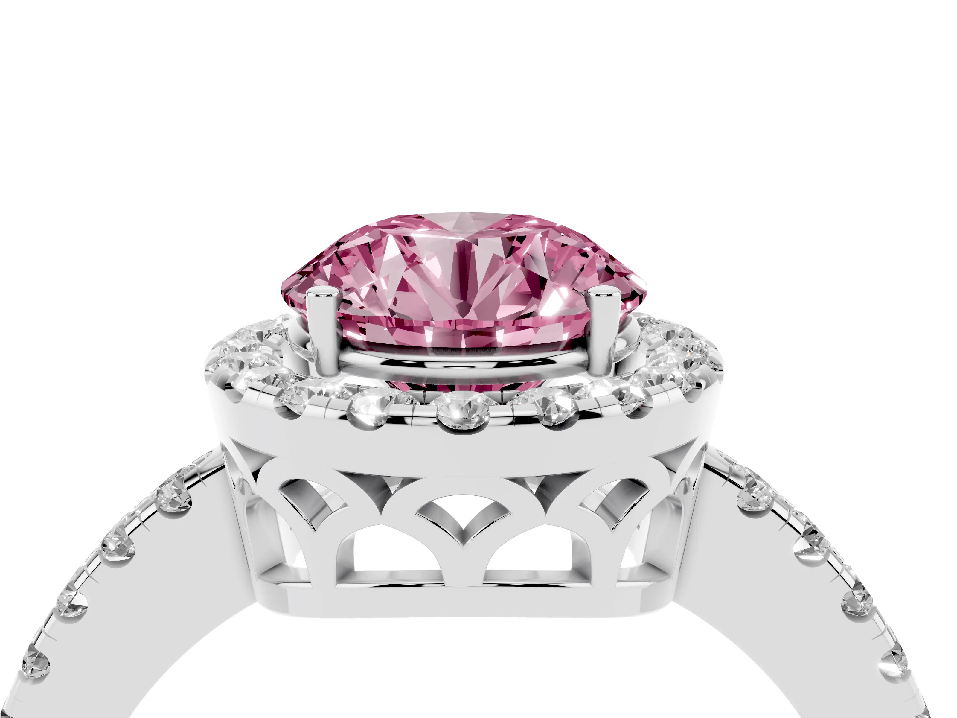 Fancy Pink Round Cut Diamond Pavé Band Halo Engagement Ring Set in Silver with Prong Setting