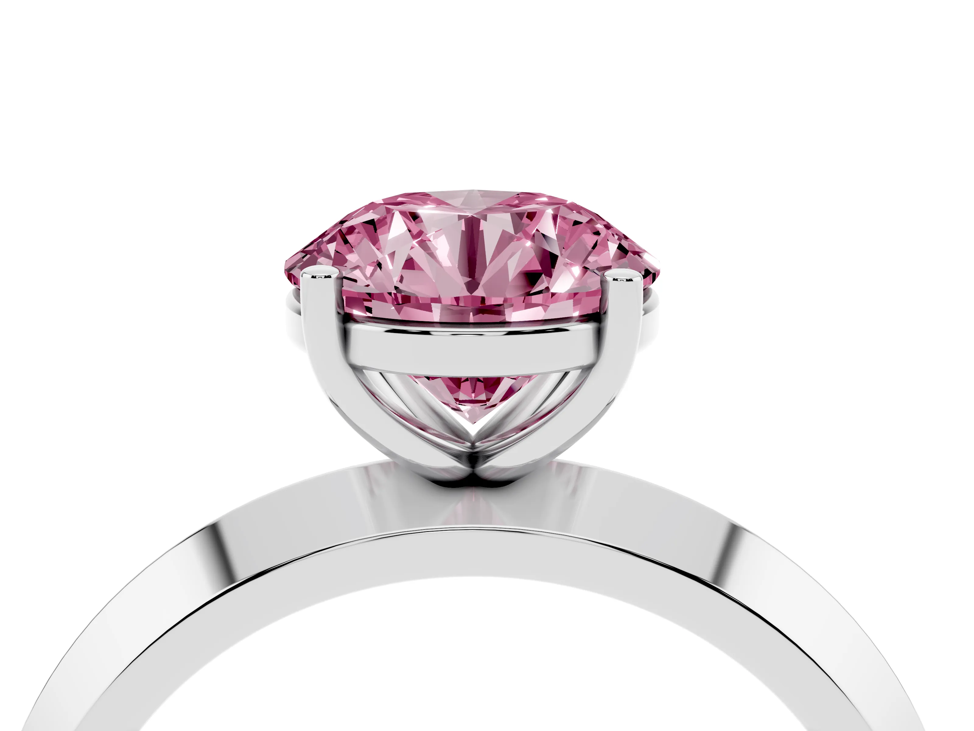 Fancy Pink Round Cut Diamond Solitaire Engagement Ring Set in Platinum with Flat Band and Prong Setting