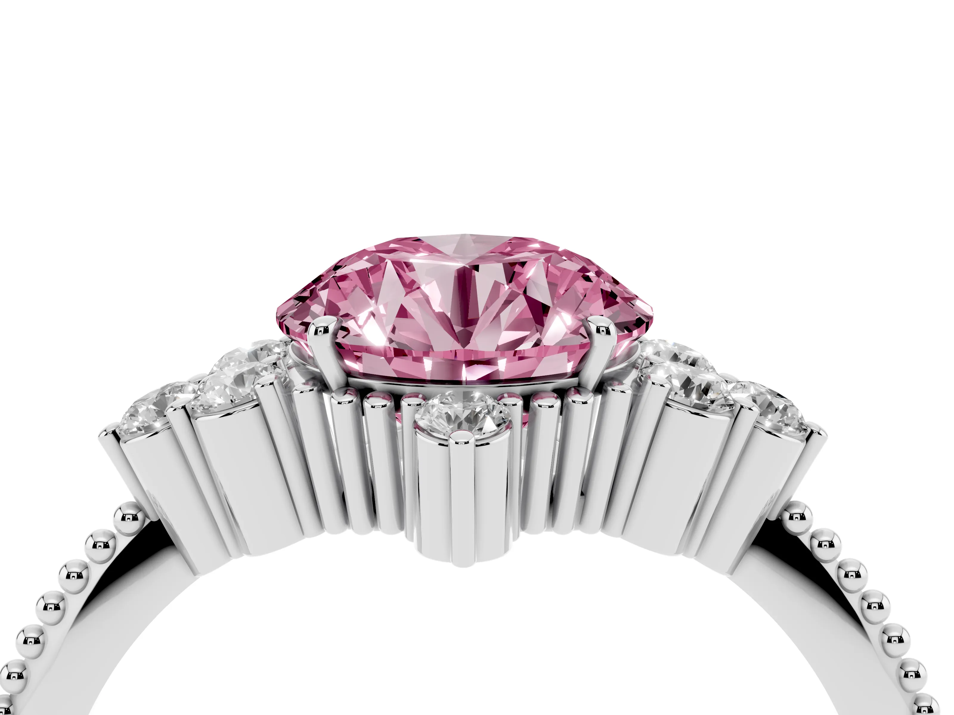 Fancy Pink Round Cut Diamond Cluster Ring Set in Silver with Beaded Band