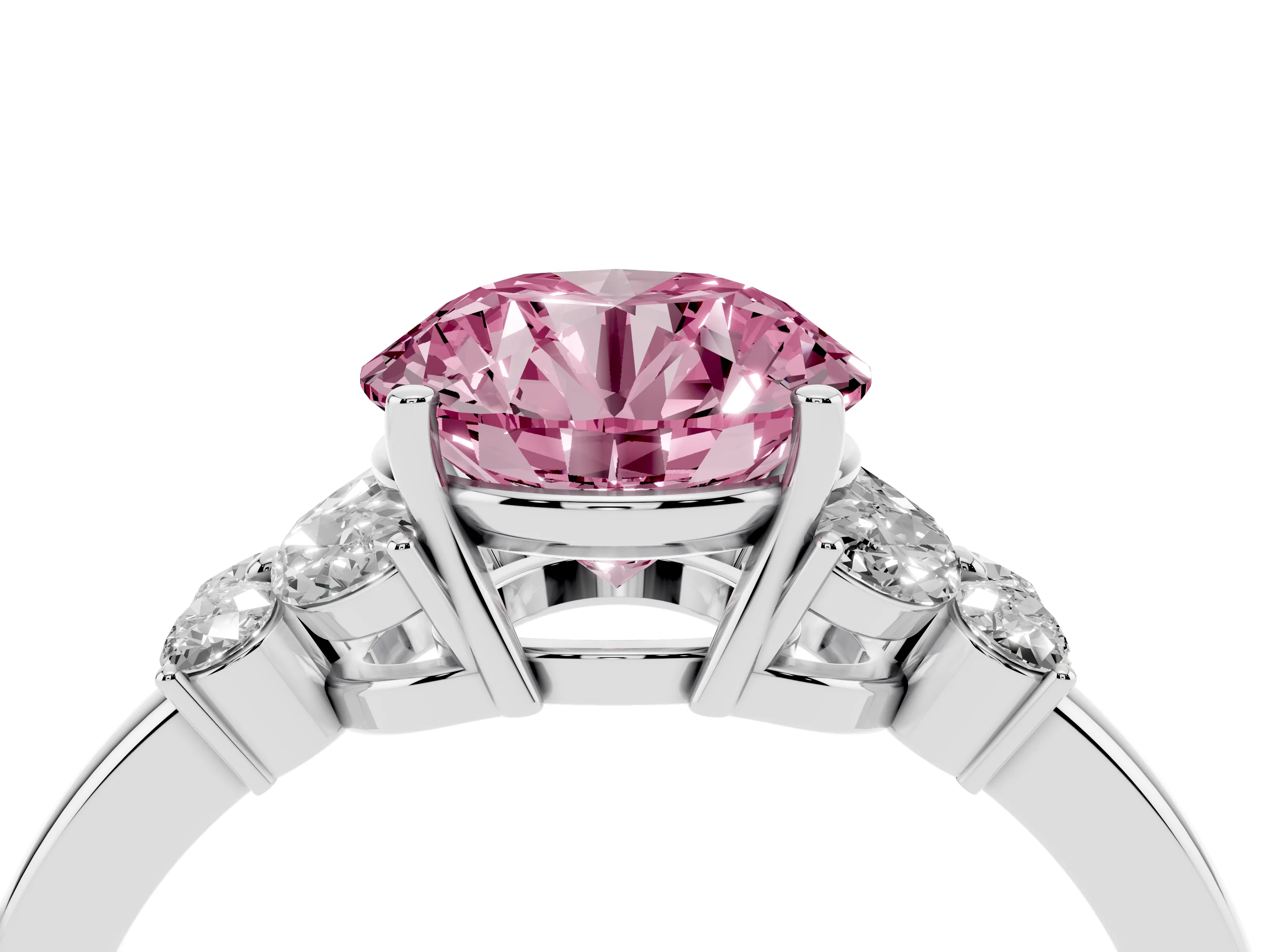 Fancy Pink Round Cut Diamond Solitaire Floral Ring Set in White gold with Marquise Petals and Prong Setting