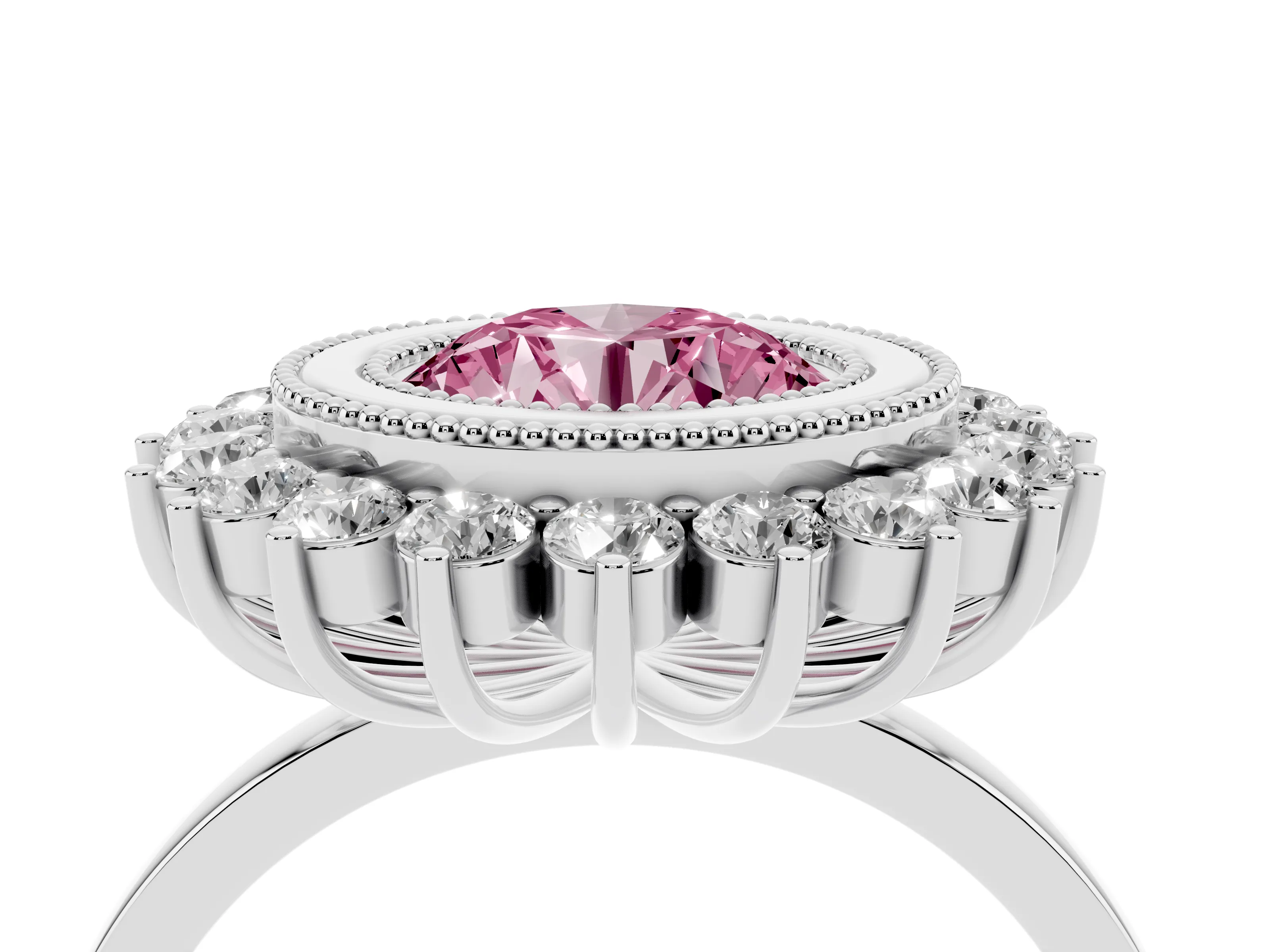 Fancy Pink Round Cut Diamond Halo Ring Set in Silver with Milgrain Edge and Round Prong Setting