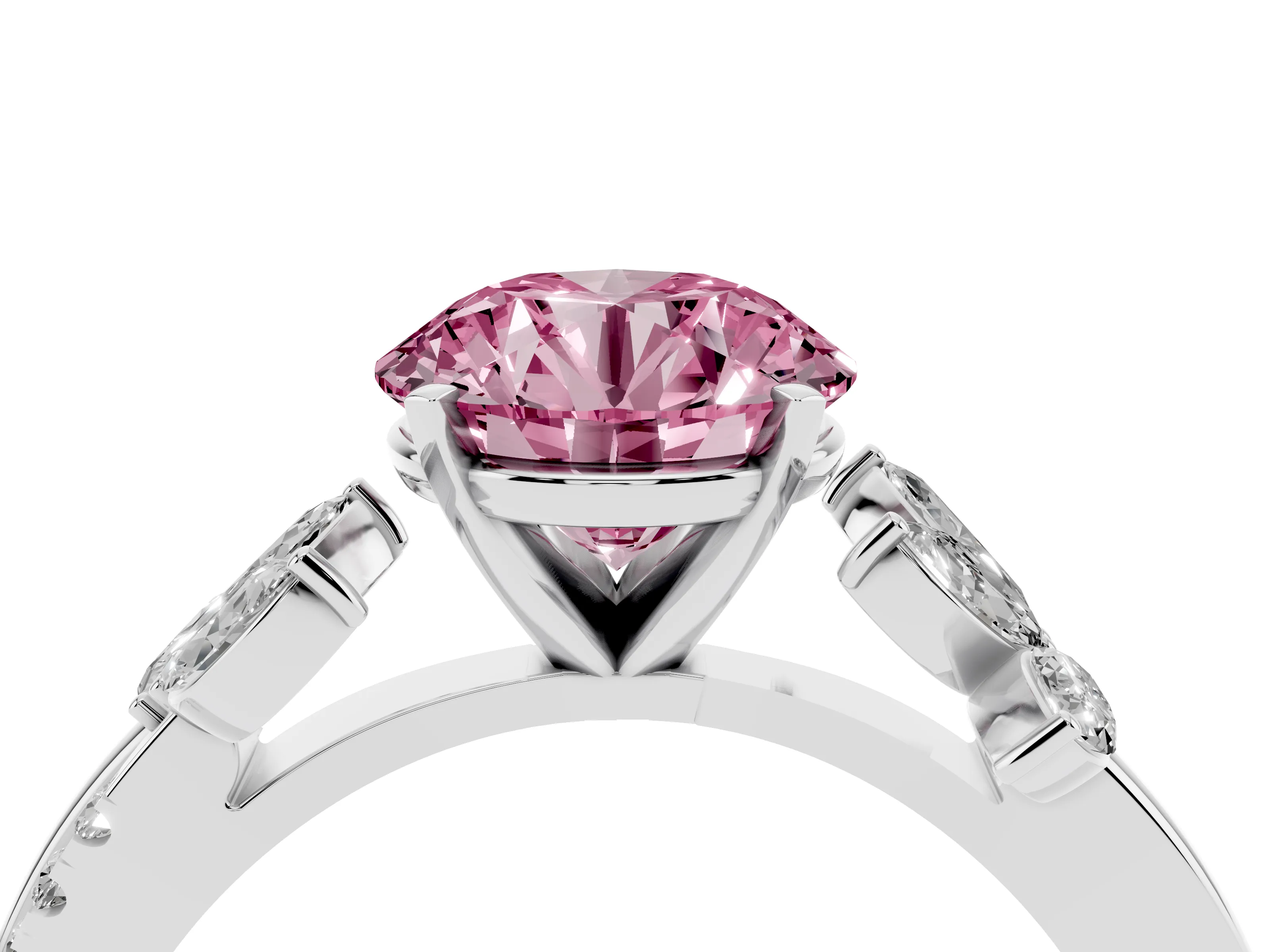 Fancy Pink Round Cut Diamond Floral Vine Solitaire Engagement Ring Set in White gold with Marquise Leaves