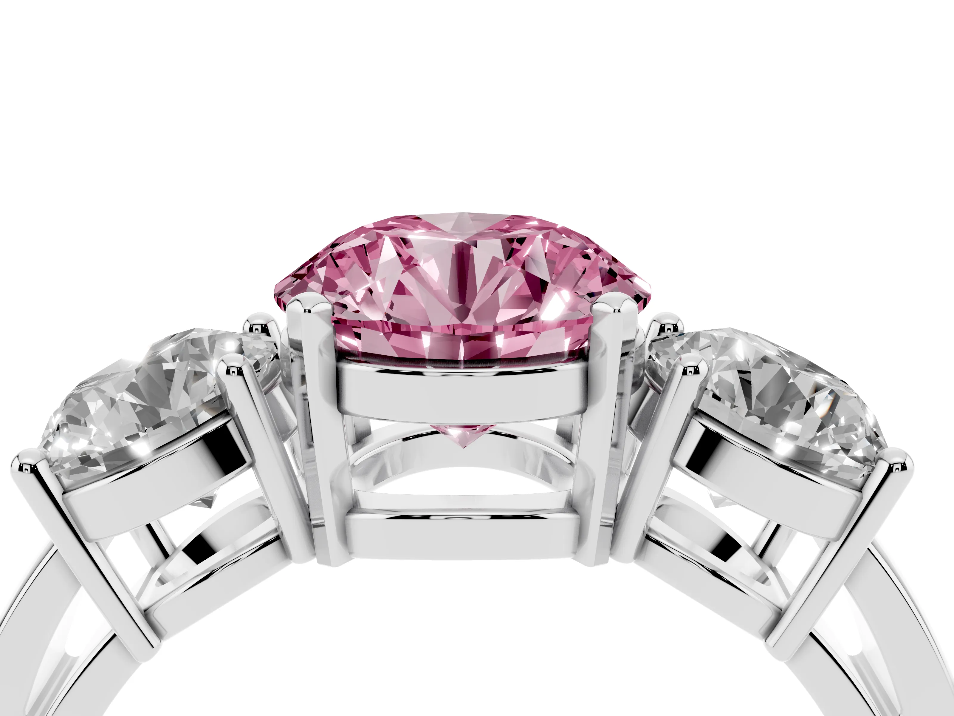 Fancy Pink Round Cut Diamond Three-Stone Ring Set in Silver with Round Side Stones and Classic Band