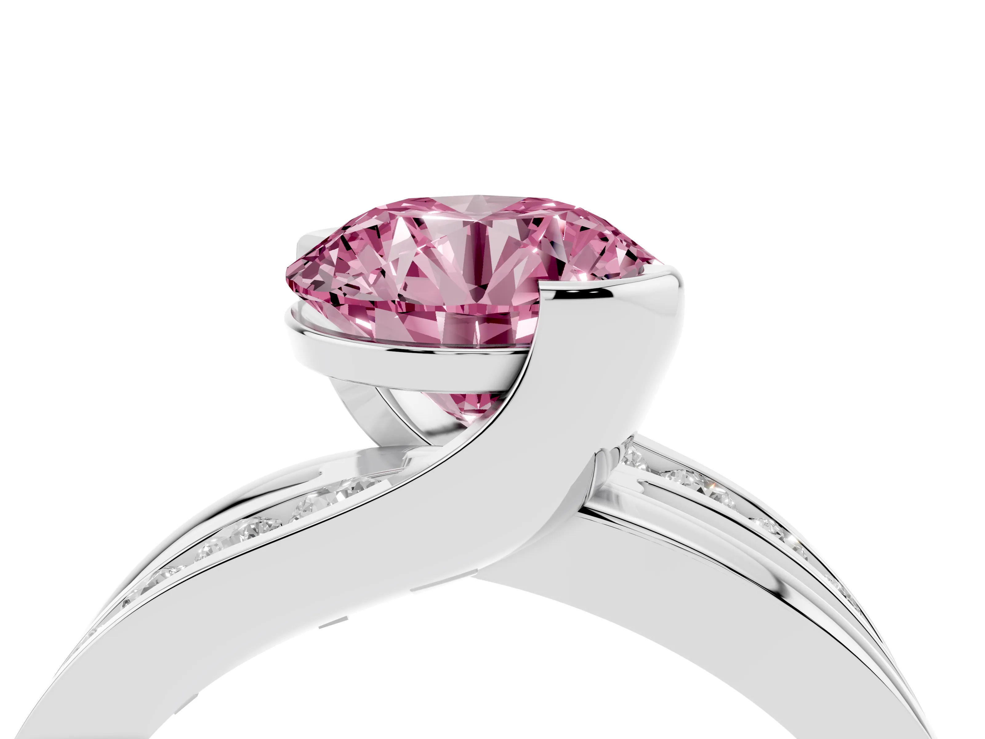 Fancy Pink Round Cut Diamond Solitaire Ring Set in Silver with Channel Set Split Shank and Tension Prongs
