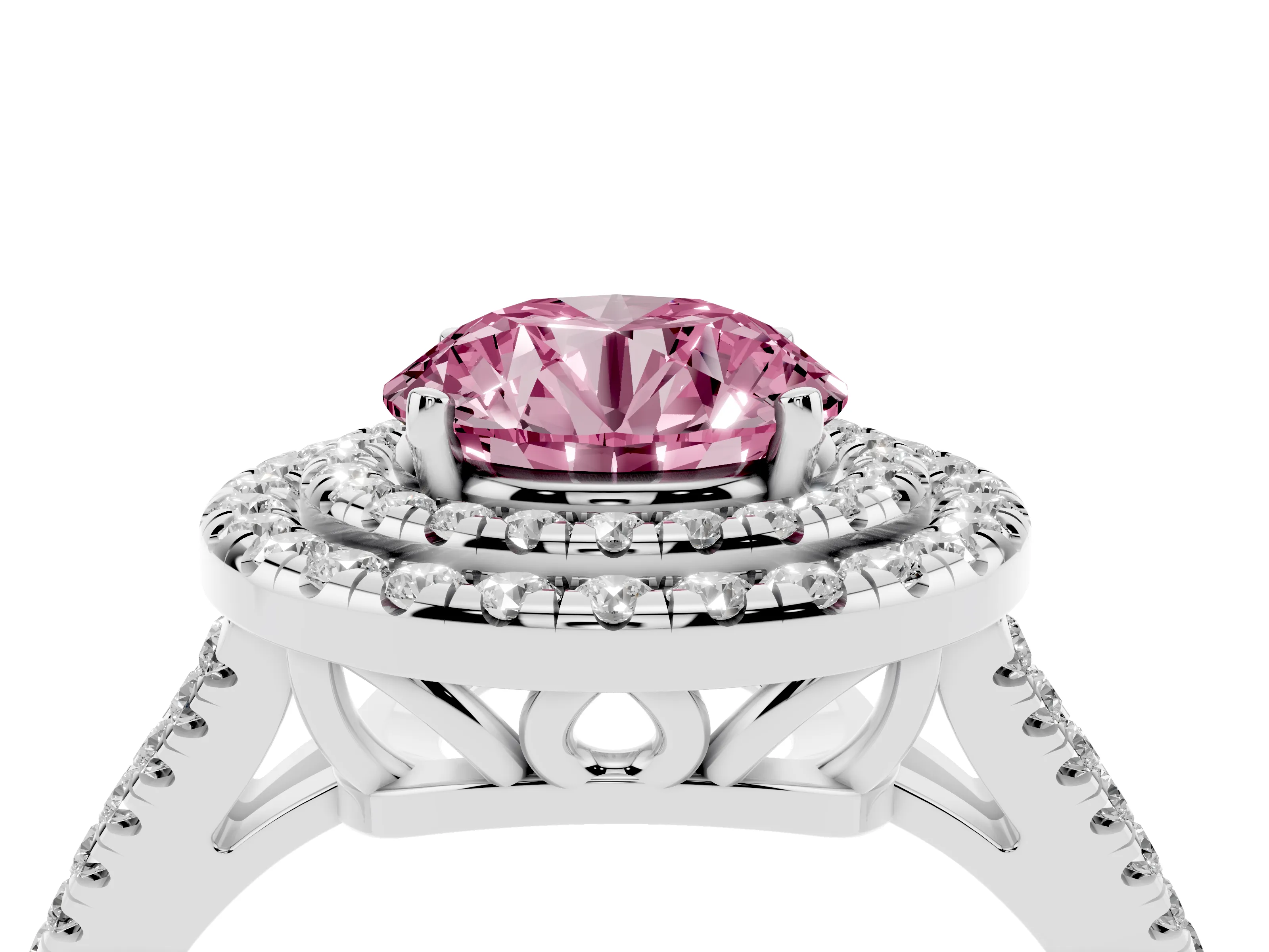 Fancy Pink Round Cut Diamond Double Halo Ring Set in White gold with Pavé Band