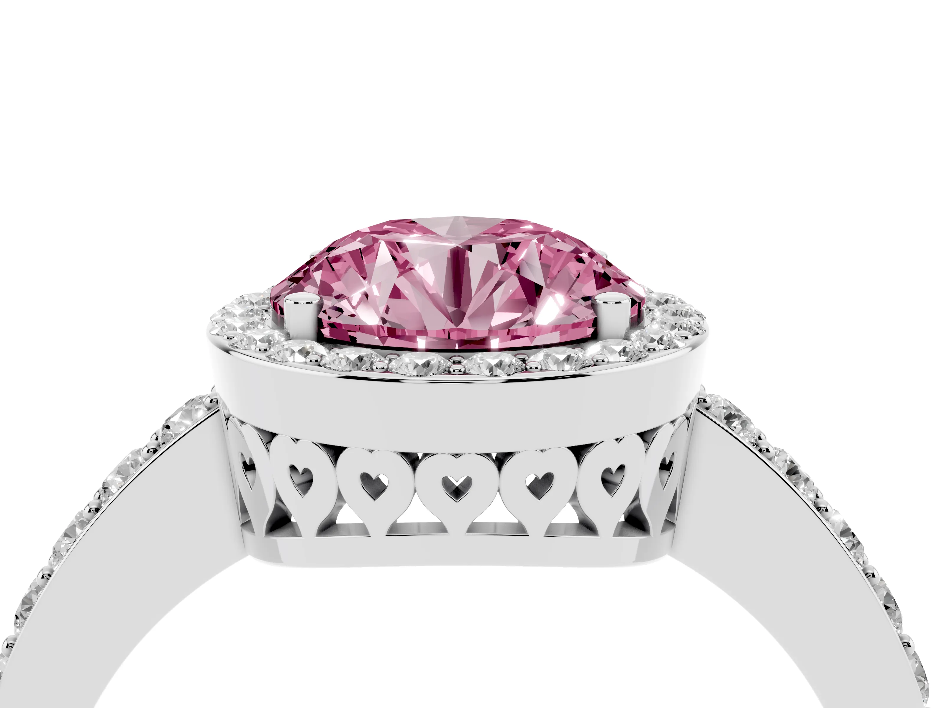 Fancy Pink Round Cut Diamond Halo Ring Set in White gold with Pavé-Setting Band and Open Prong Center