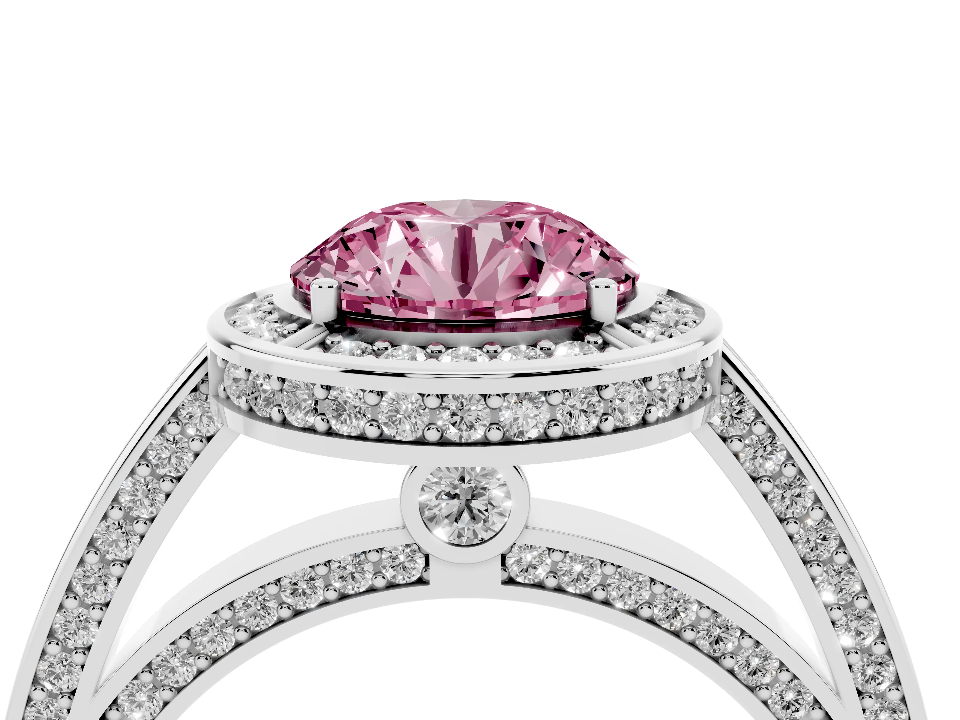 Fancy Pink Round Cut Diamond Halo Pavé Split Shank Ring Set in White gold with Prong Setting