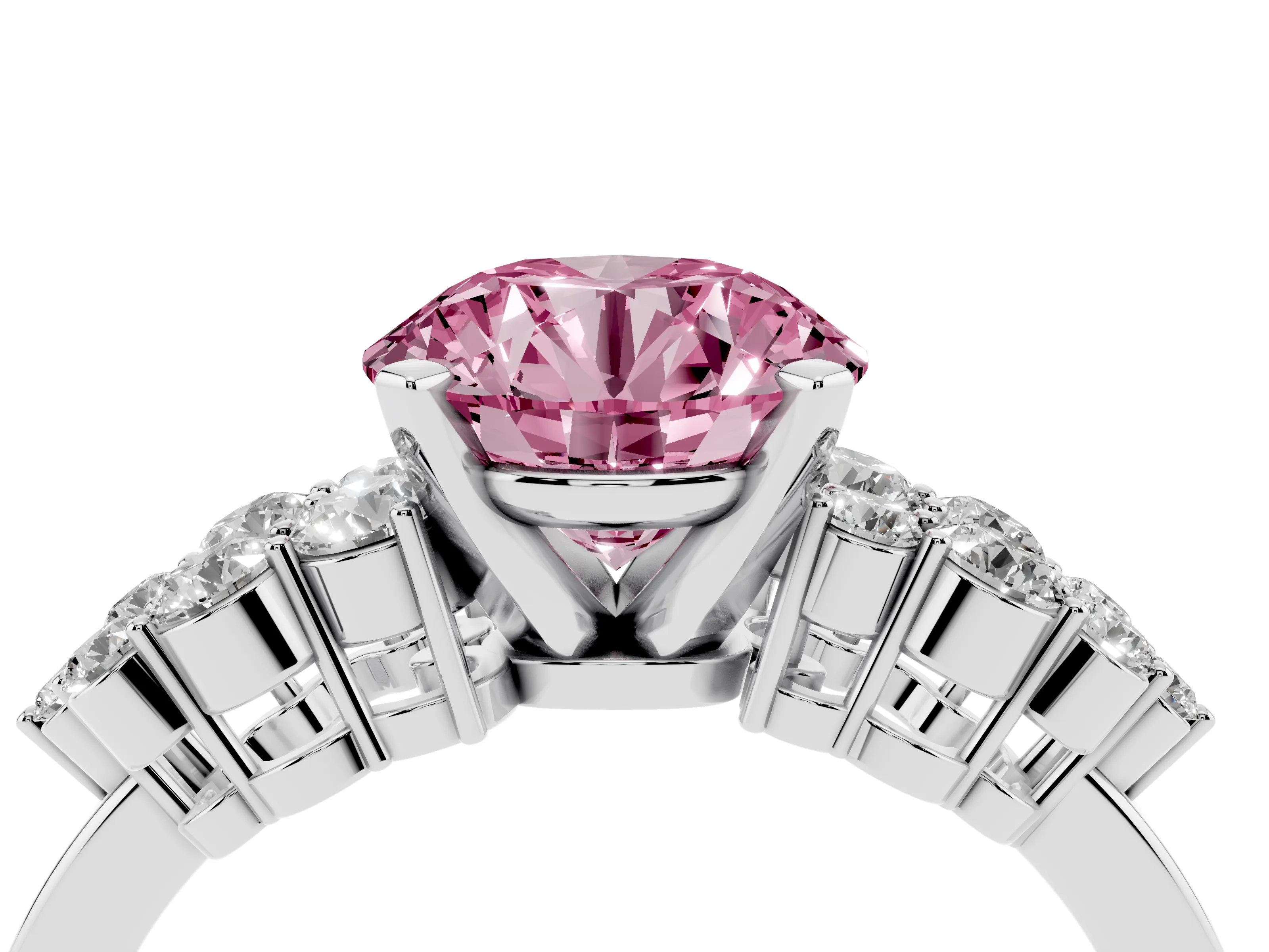 Fancy Pink Round Cut Diamond Cluster Engagement Ring Set in Silver with Pavé Band and Prong Setting