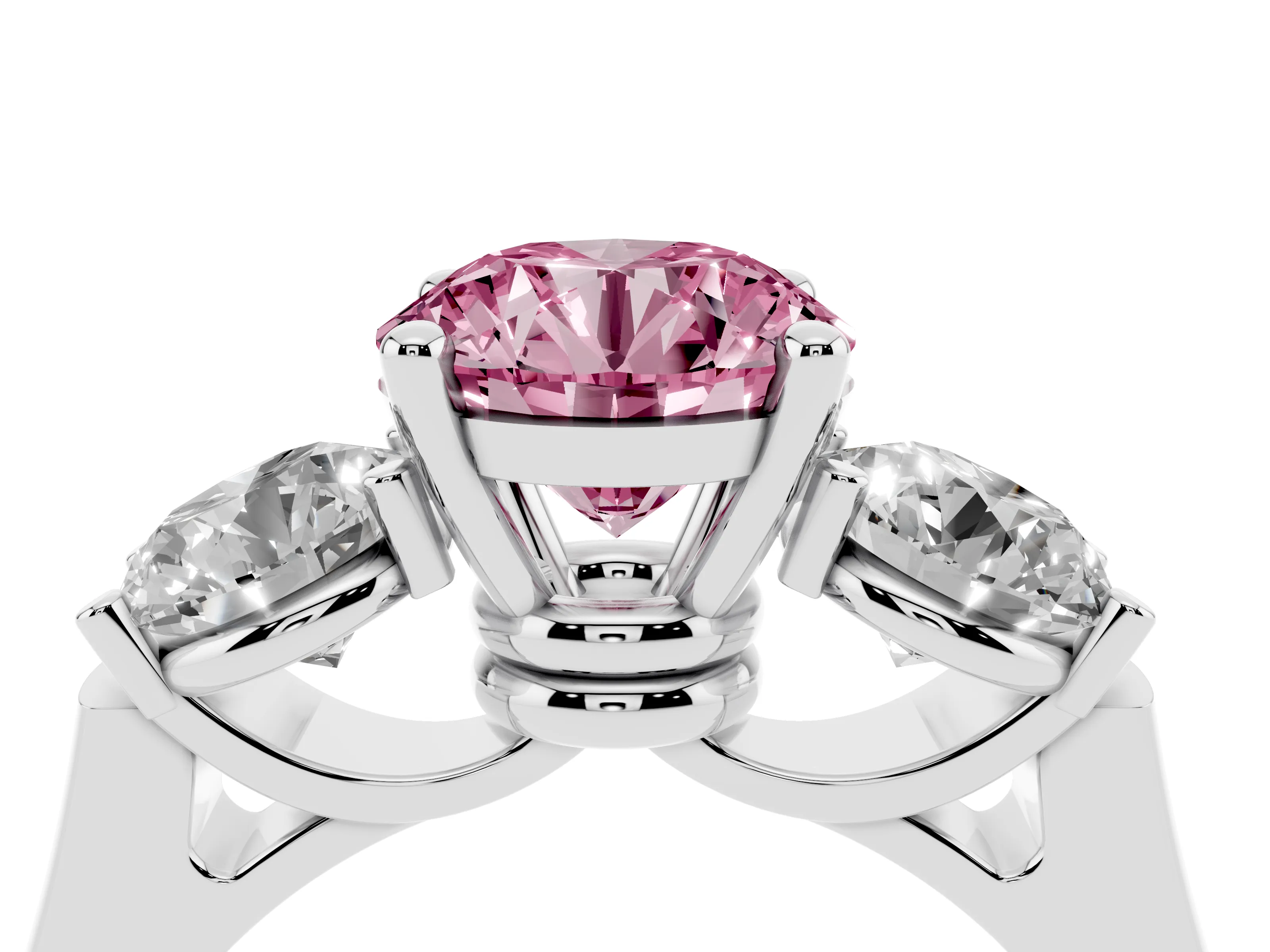 Fancy Pink Round Cut Diamond Three-Stone Trellis Ring Set in White gold with Comfort Fit Band