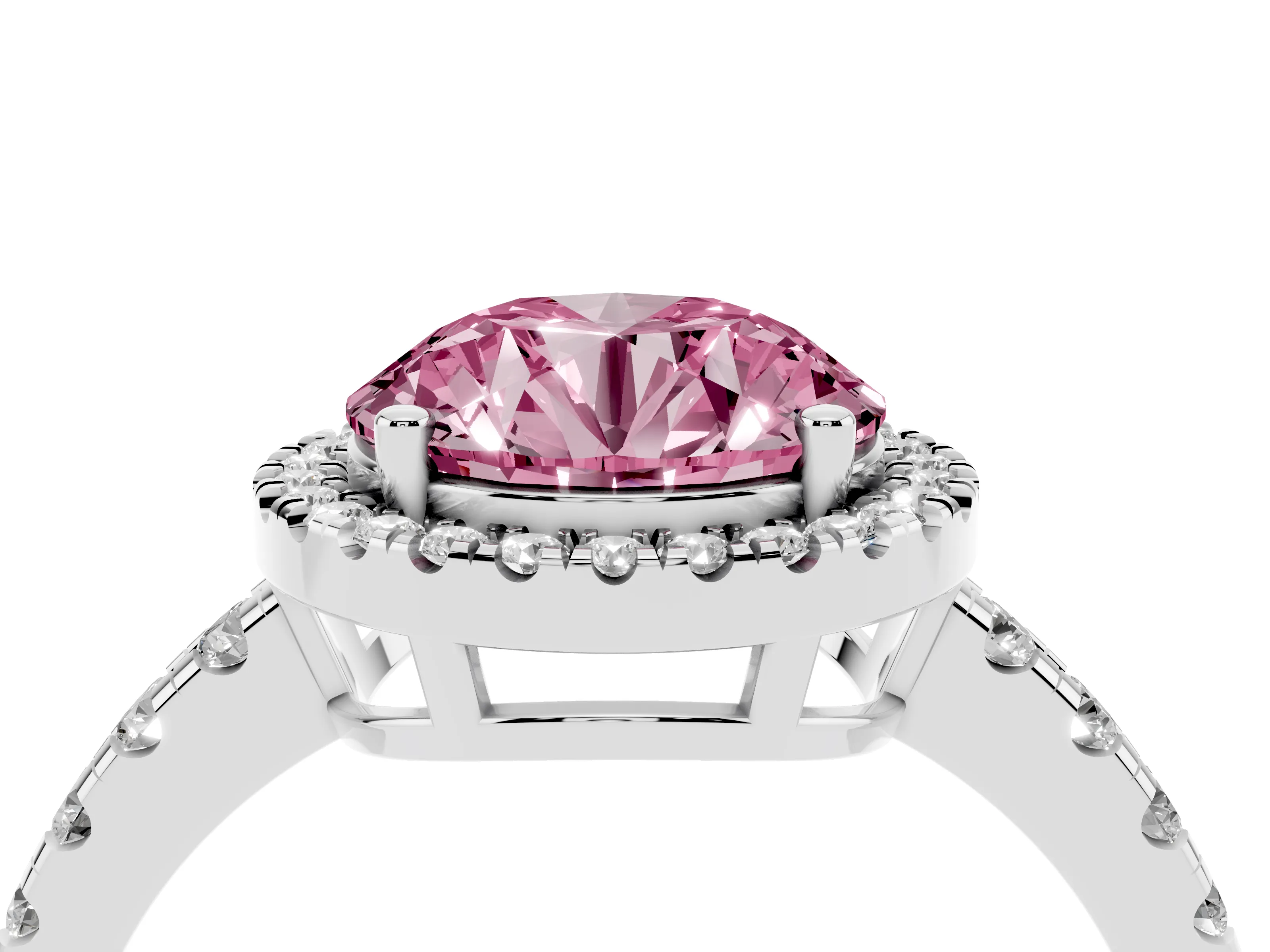 Fancy Pink Round Cut Diamond Halo Ring Set in Platinum with Delicate Pavé Band and Prong Setting