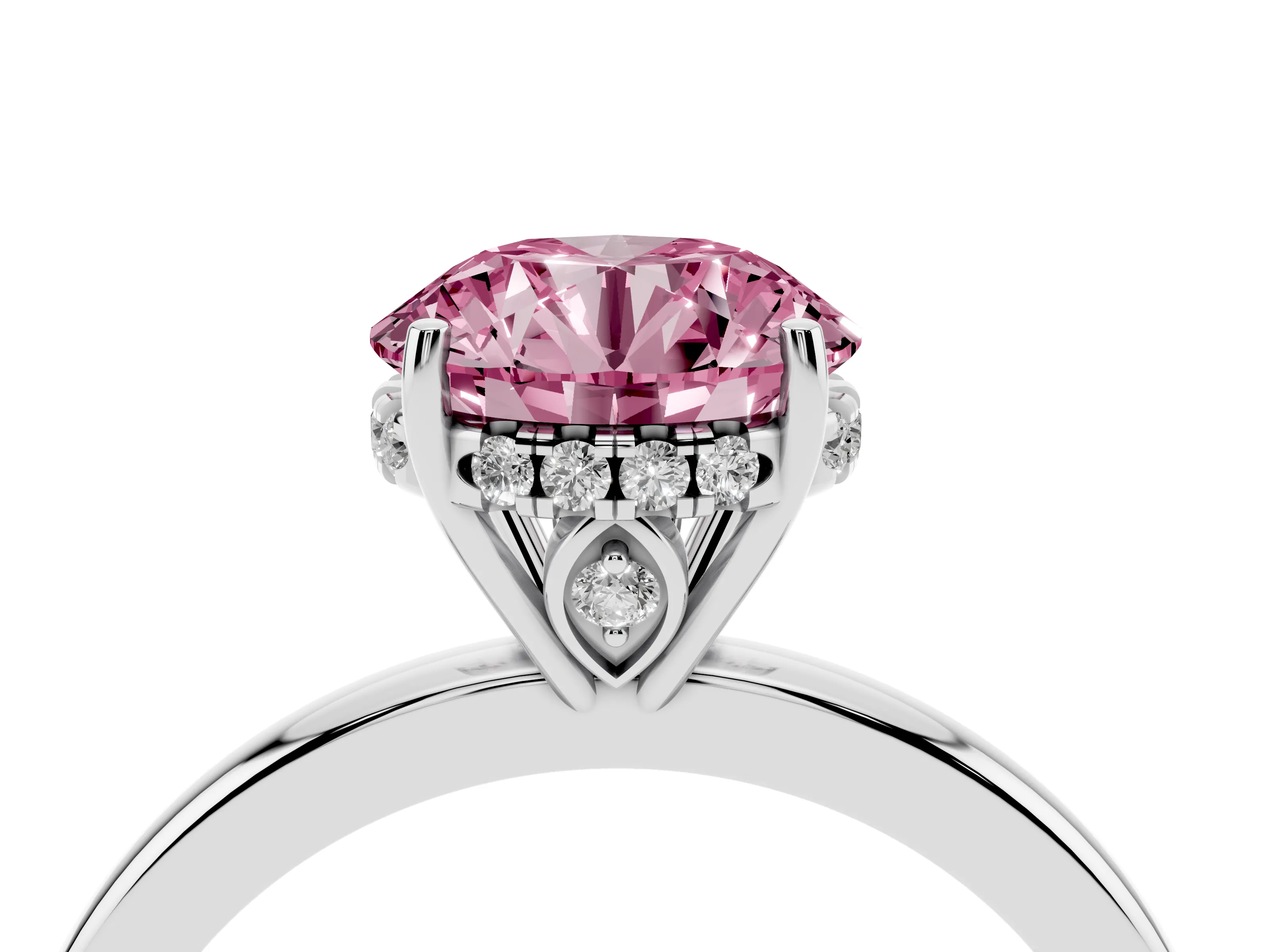 Fancy Pink Round Cut Diamond Solitaire Ring Set in Silver with Plain Band and Prong Setting