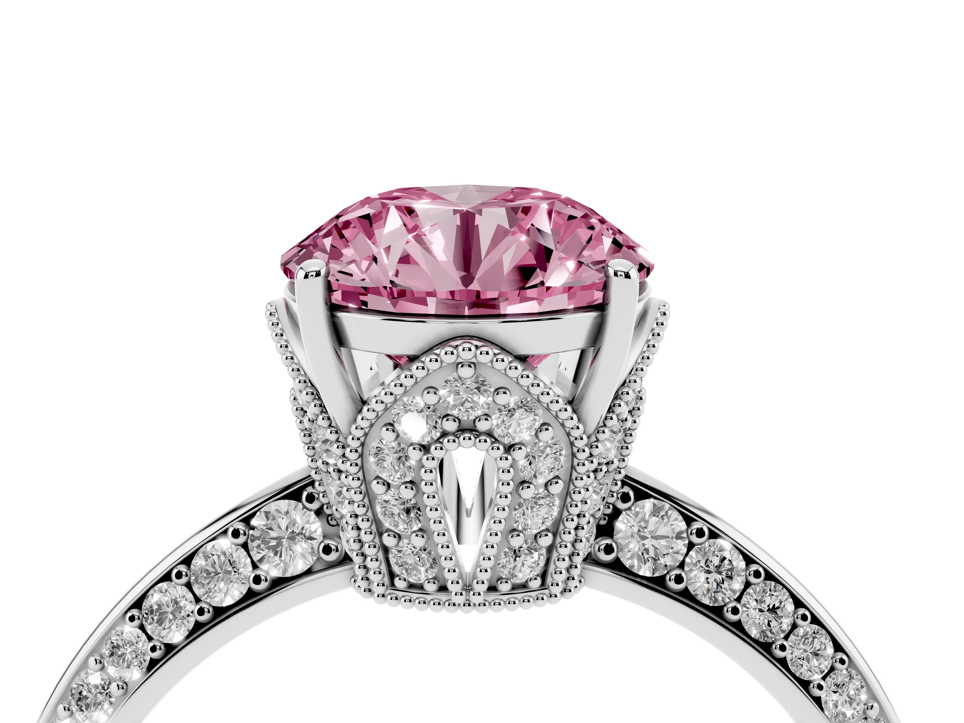 Fancy Pink Round Cut Diamond Solitaire Engagement Ring Set in Silver with Pavé Split Shank and Prong Setting