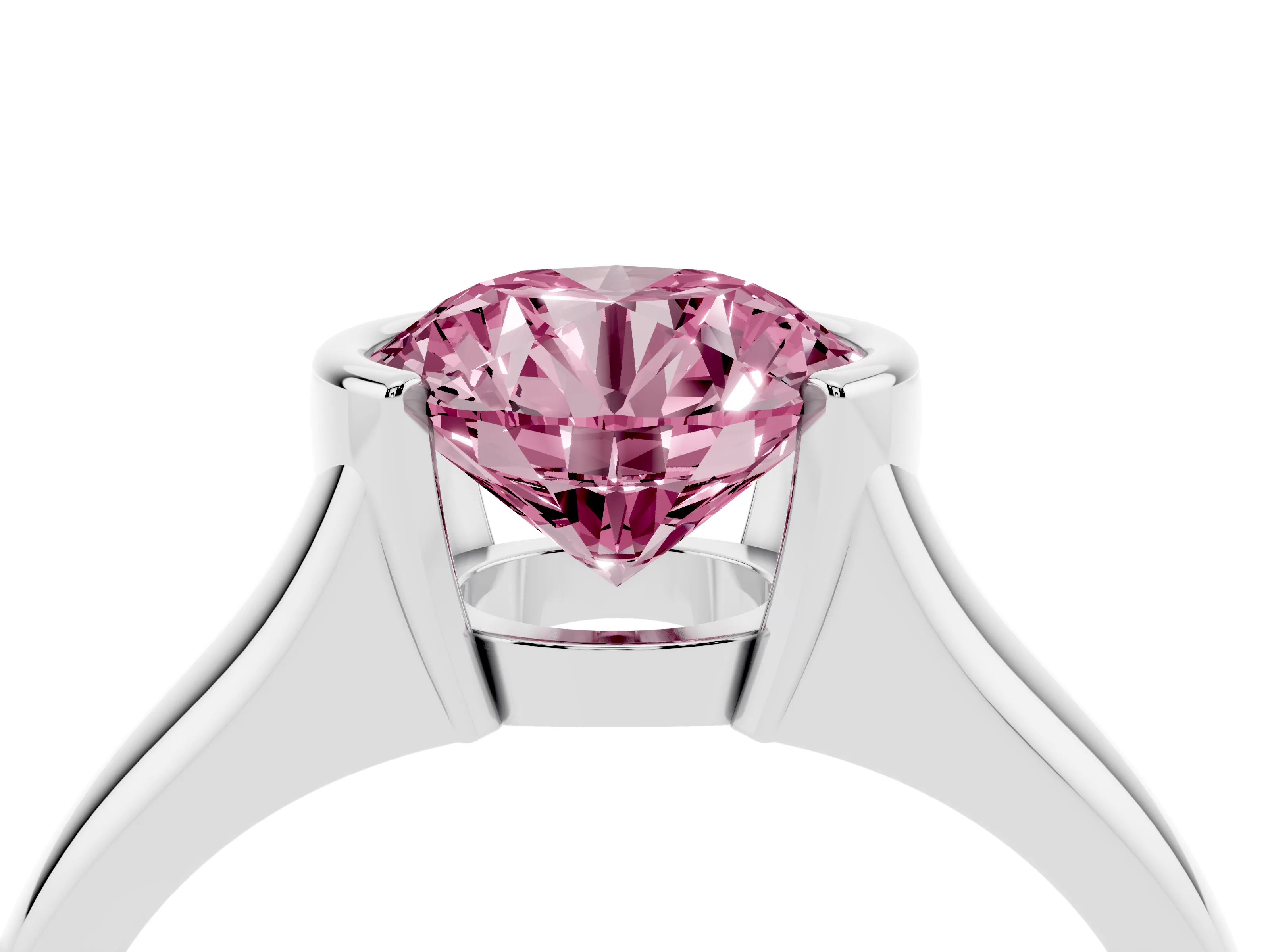 Fancy Pink Round Cut Diamond Solitaire Tension Set Ring Set in Platinum with Split Shank Band