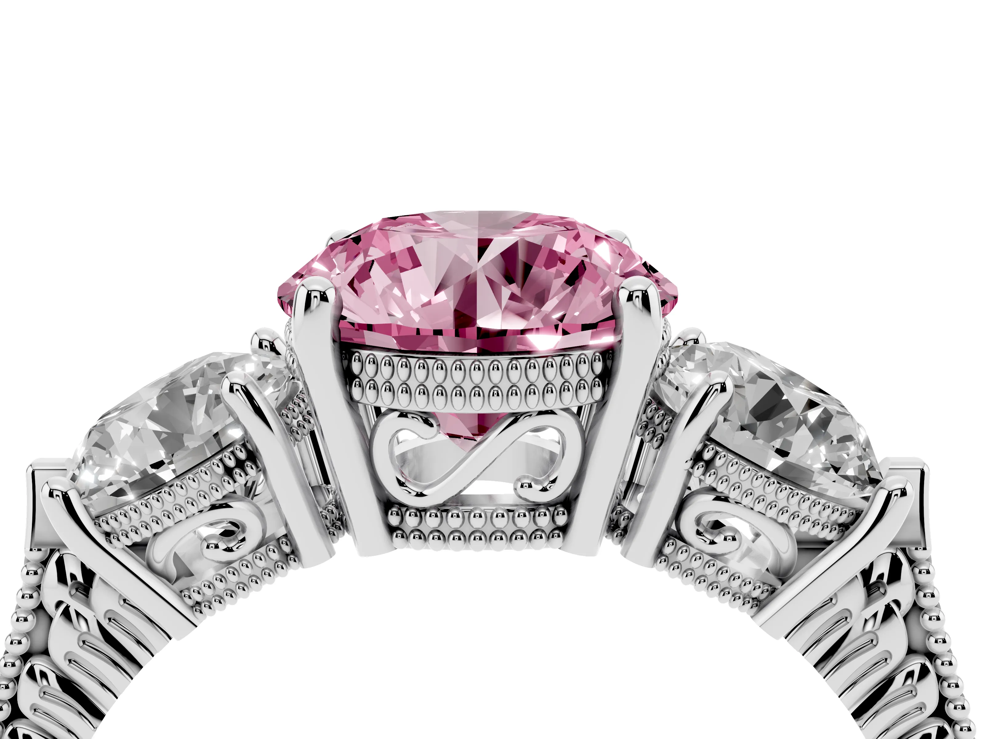 Fancy Pink Round Cut Diamond Three-Stone Ring Set in Platinum with Milgrain Band
