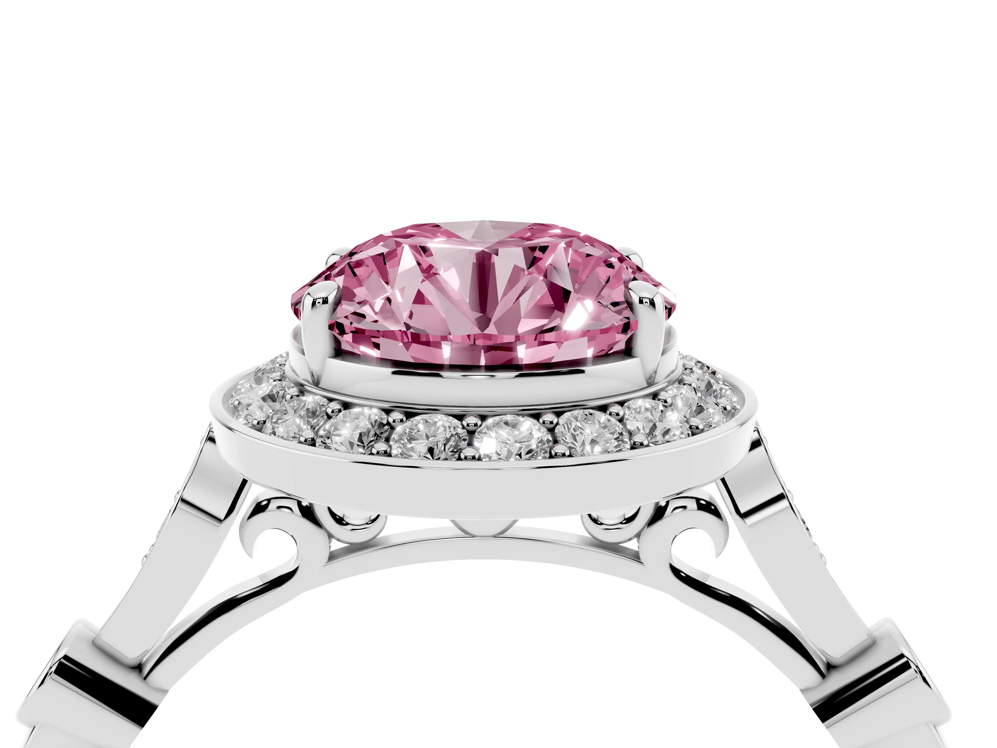 Fancy Pink Round Cut Diamond Halo Engagement Ring Set in Silver with Twisted Band and Prong Setting