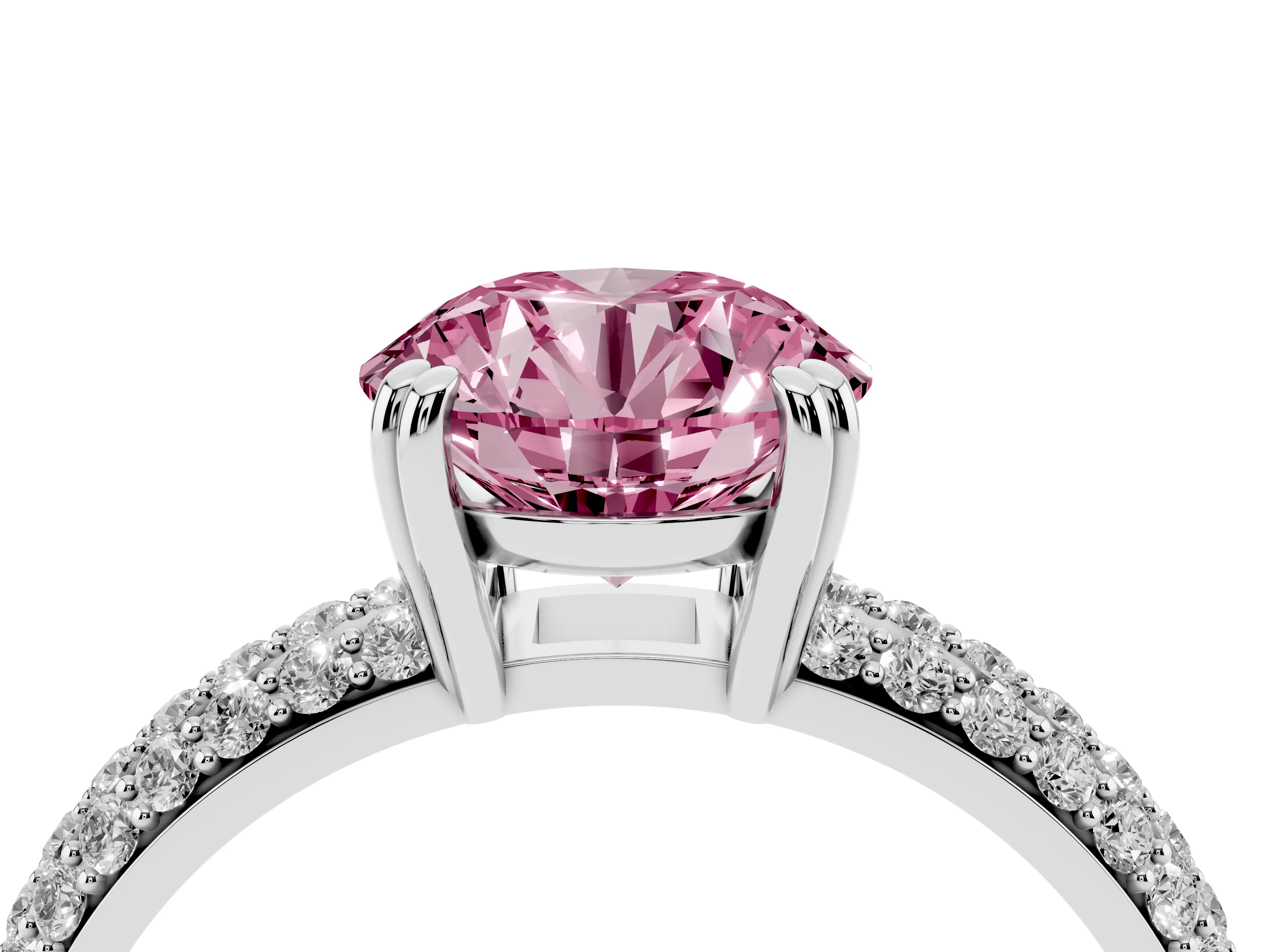 Fancy Pink Round Cut Diamond Solitaire Ring Set in Silver with Multi-Row Round Pavé Band and Prong Setting