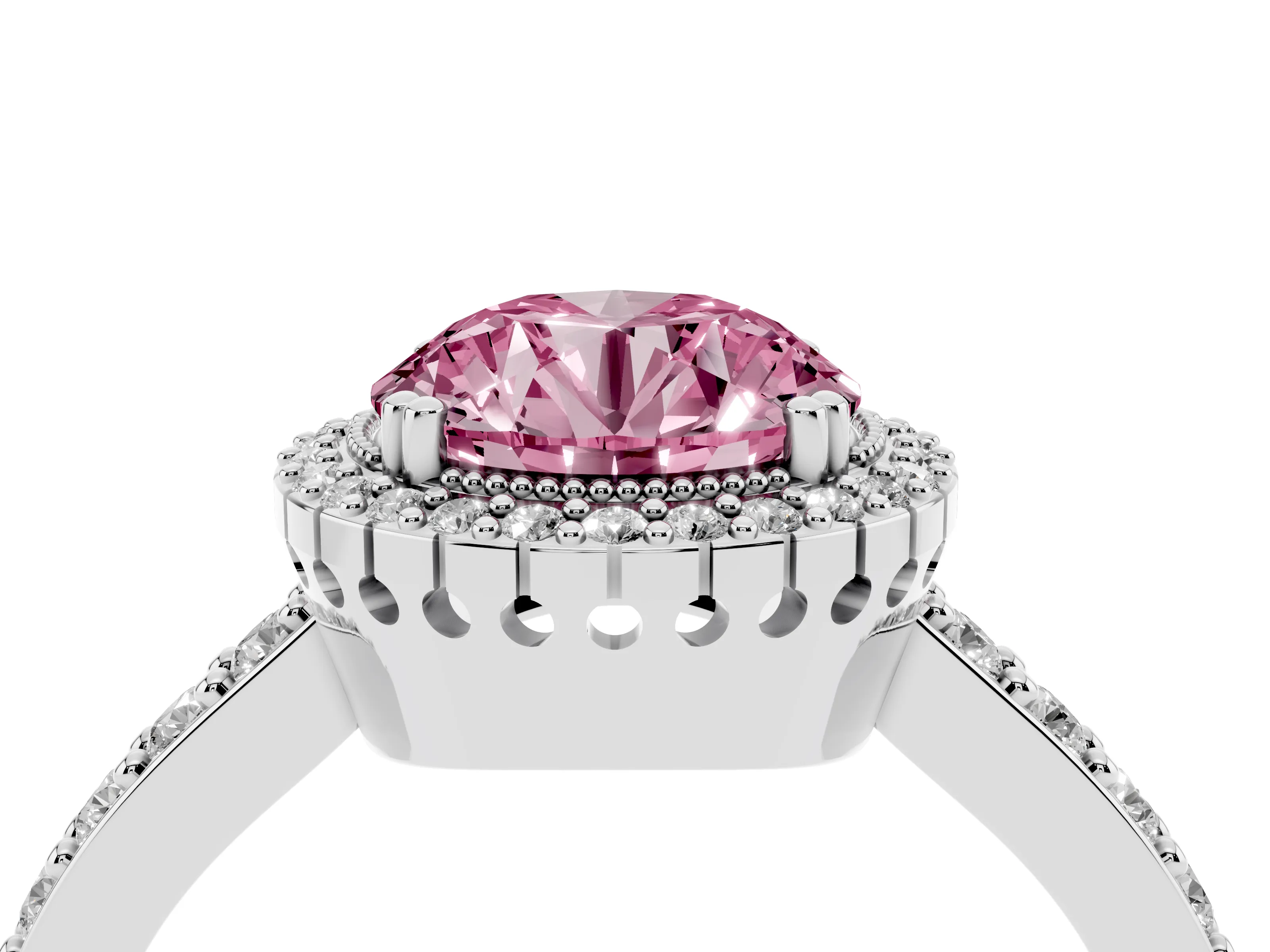Fancy Pink Round Cut Diamond Halo Engagement Ring Set in White gold with Milgrain Detail and Pavé Band