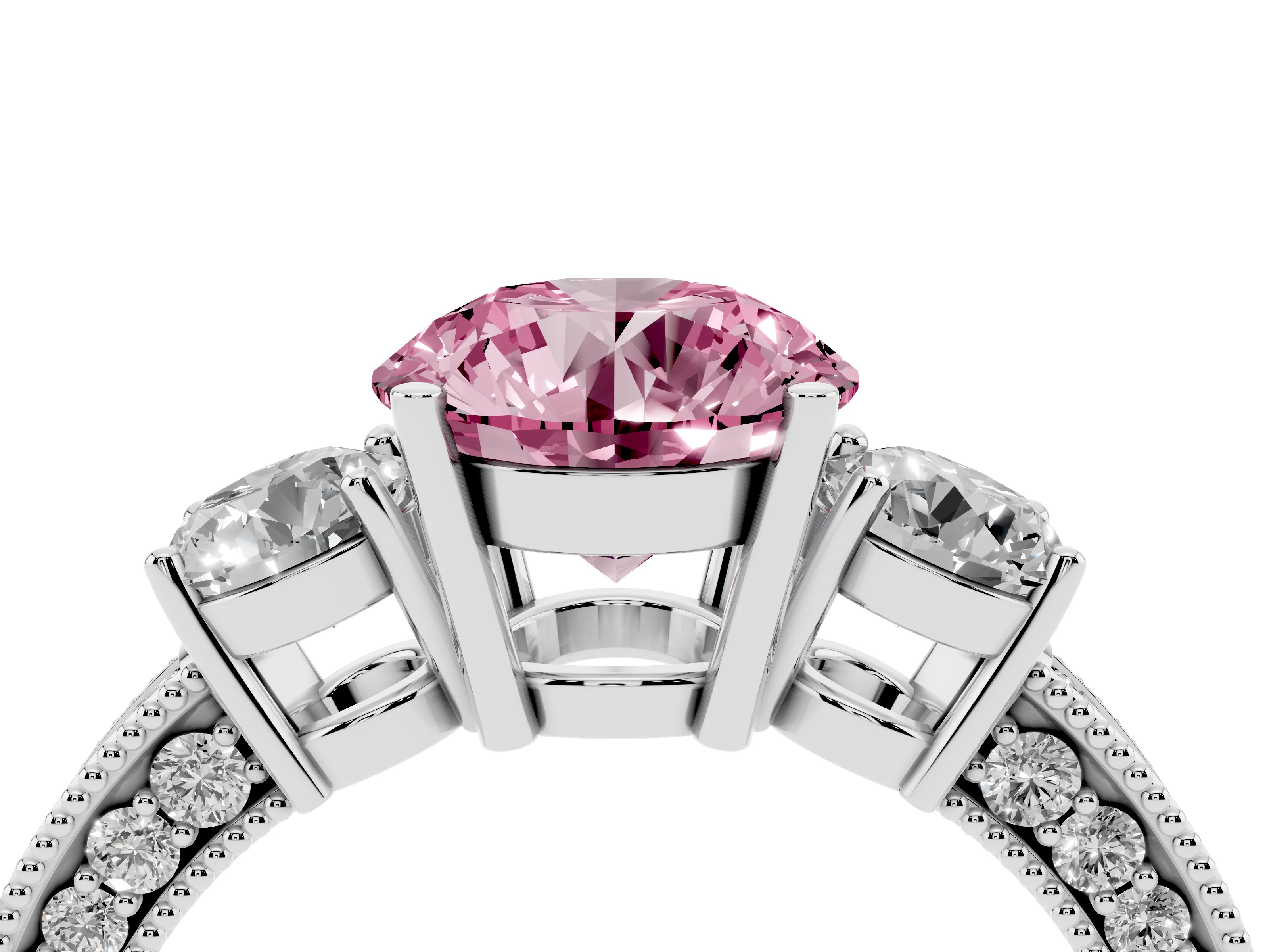 Fancy Pink Round Cut Diamond Three-Stone Ring Set in White gold with Round Side Stones and Pavé Band