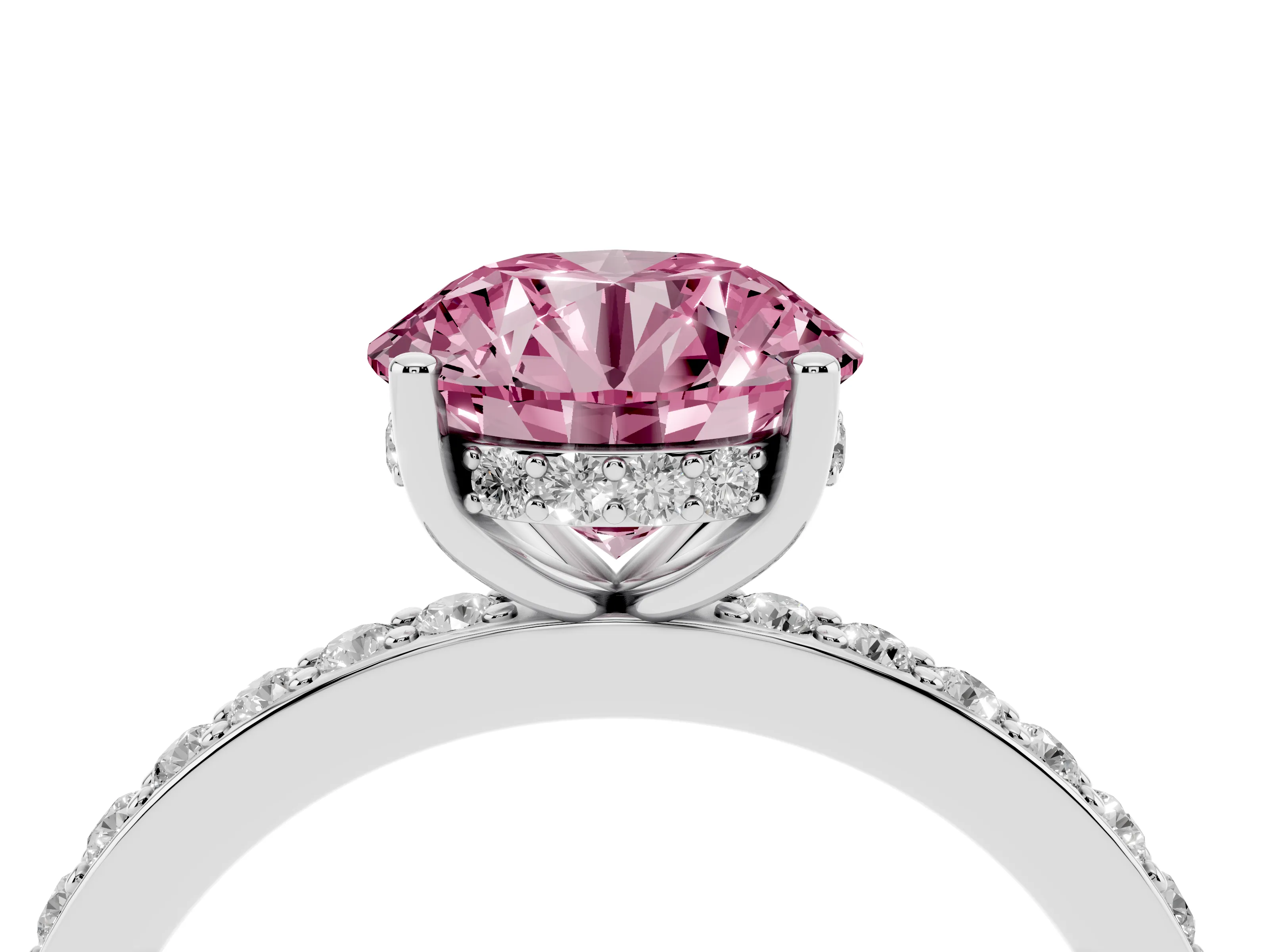 Fancy Pink Round Cut Diamond Pavé Band Ring Set in White gold with Prong-Set Center Stone
