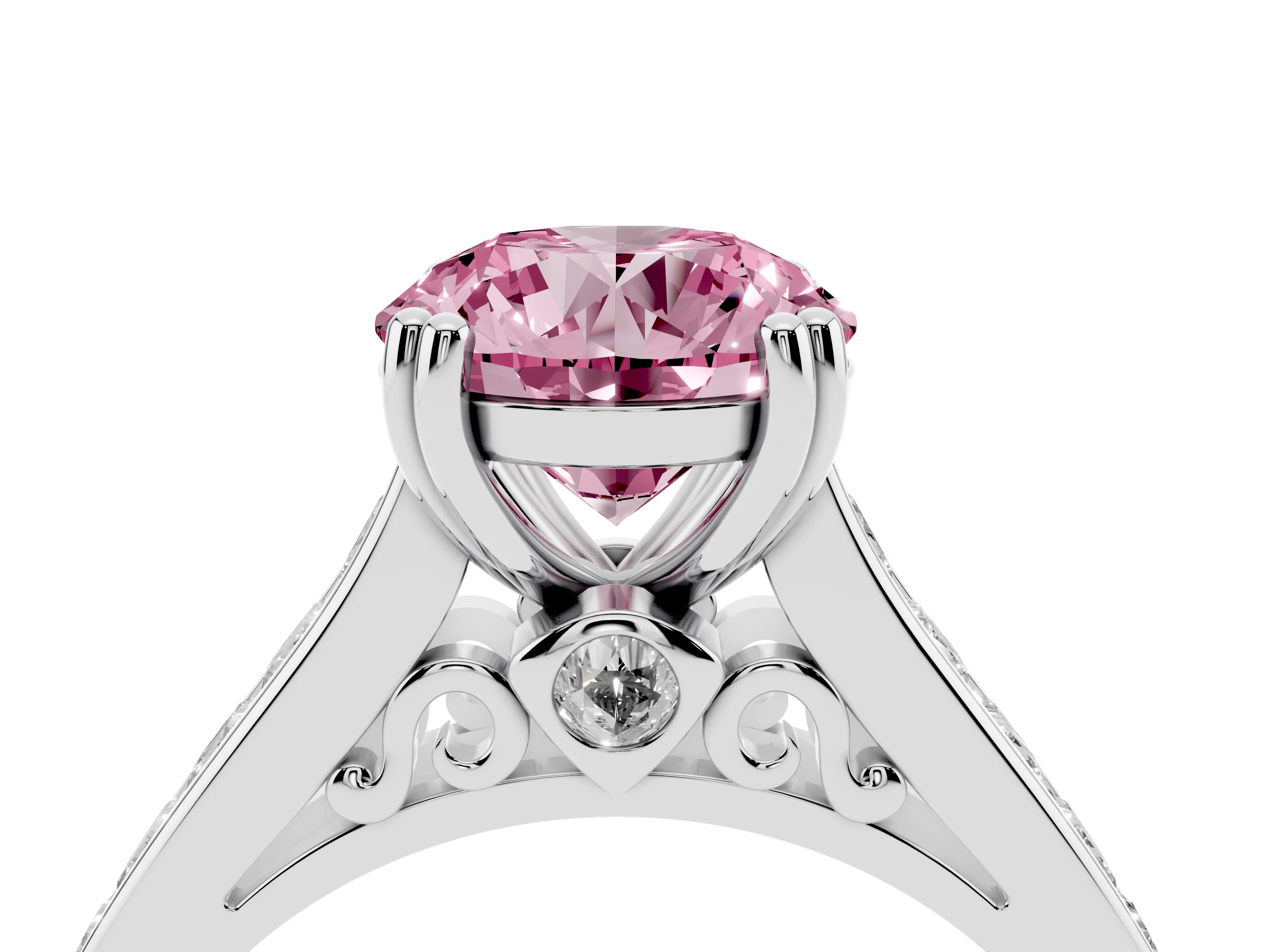 Fancy Pink Round Cut Diamond Channel Set Solitaire Engagement Ring Set in Silver with Prong Setting