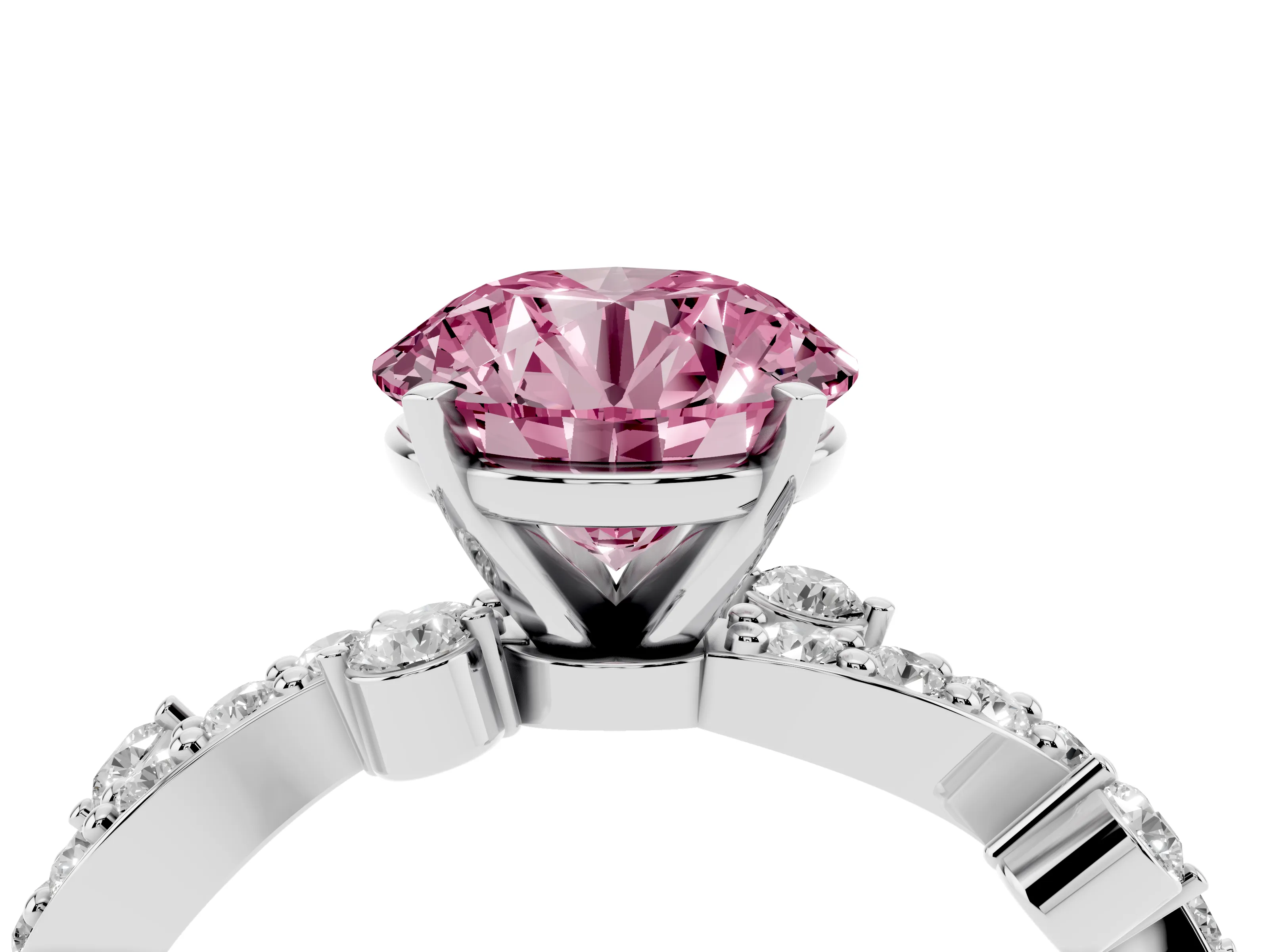 Fancy Pink Round Cut Diamond Solitaire Twisted Band Set in Platinum with Pavé Setting