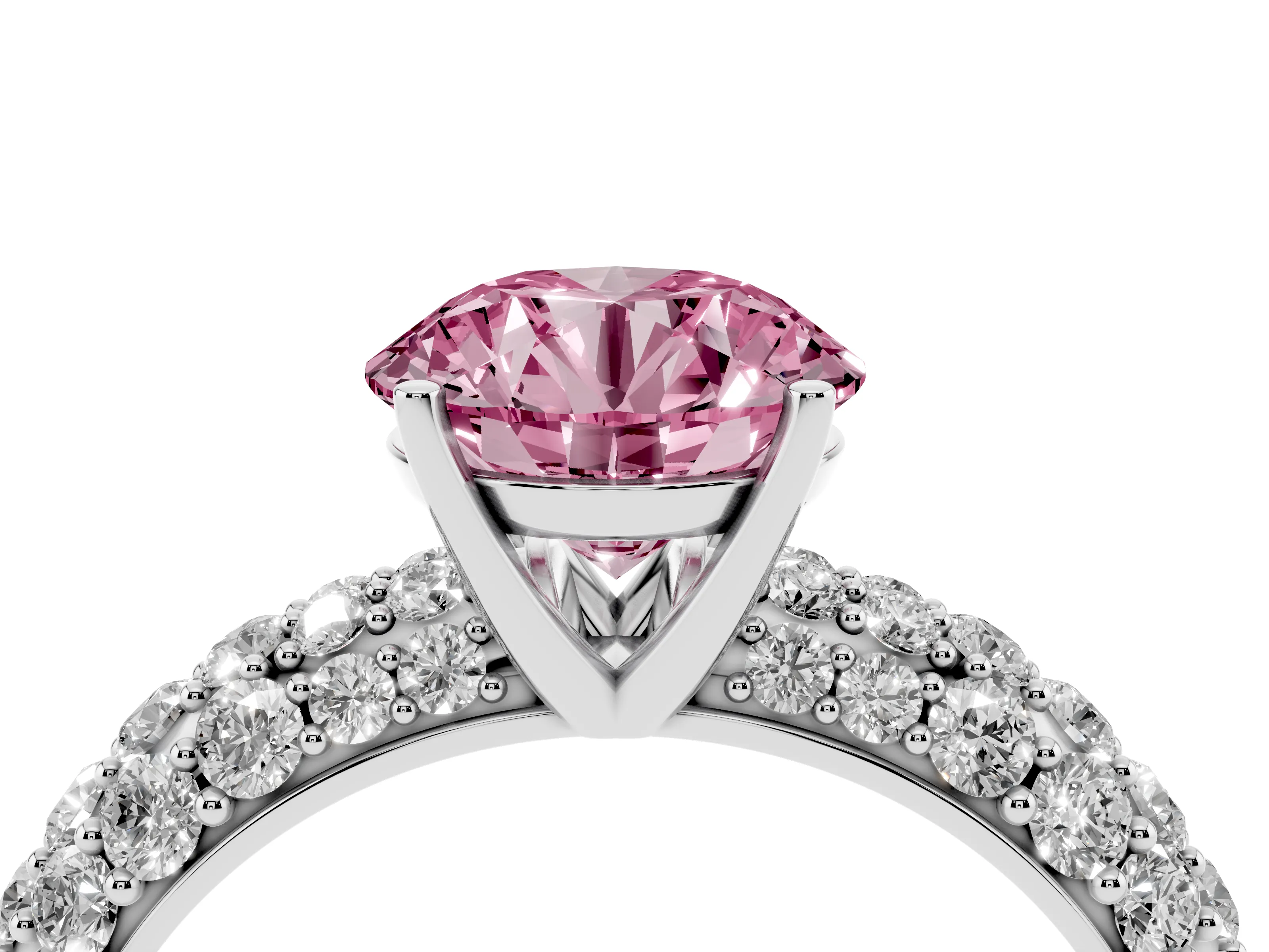 Fancy Pink Round Cut Diamond Pavé Band Solitaire Ring Set in Platinum with Close-Set Accent Stones and Prong Setting