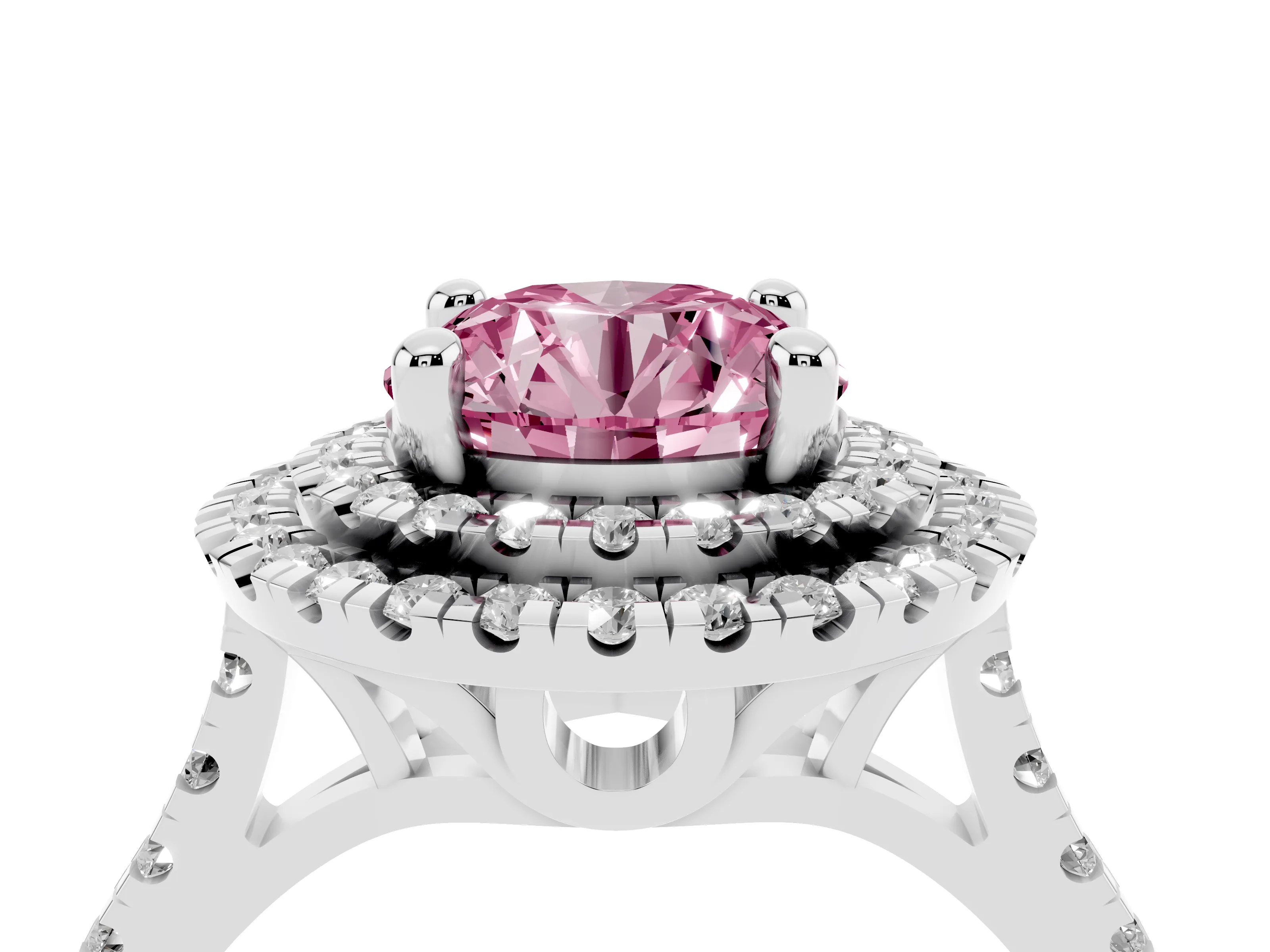 Fancy Pink Round Cut Diamond Double Halo Statement Ring Set in Silver with Pavé Band