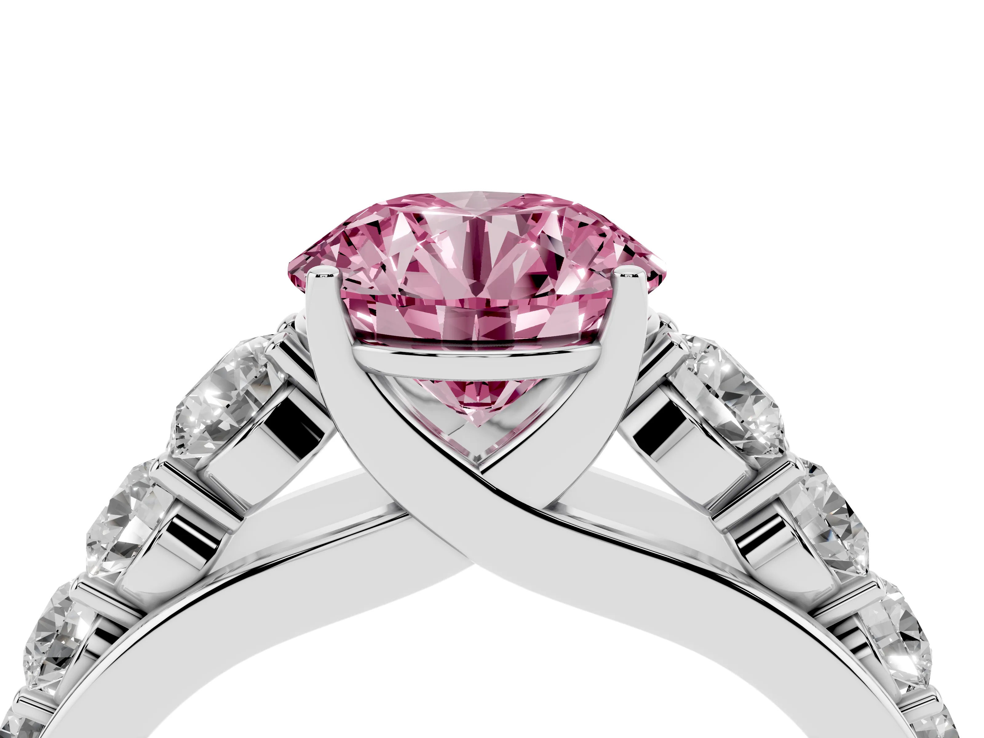Fancy Pink Round Cut Diamond Solitaire Ring Set in White gold with Pavé-Set Band and Prong Setting