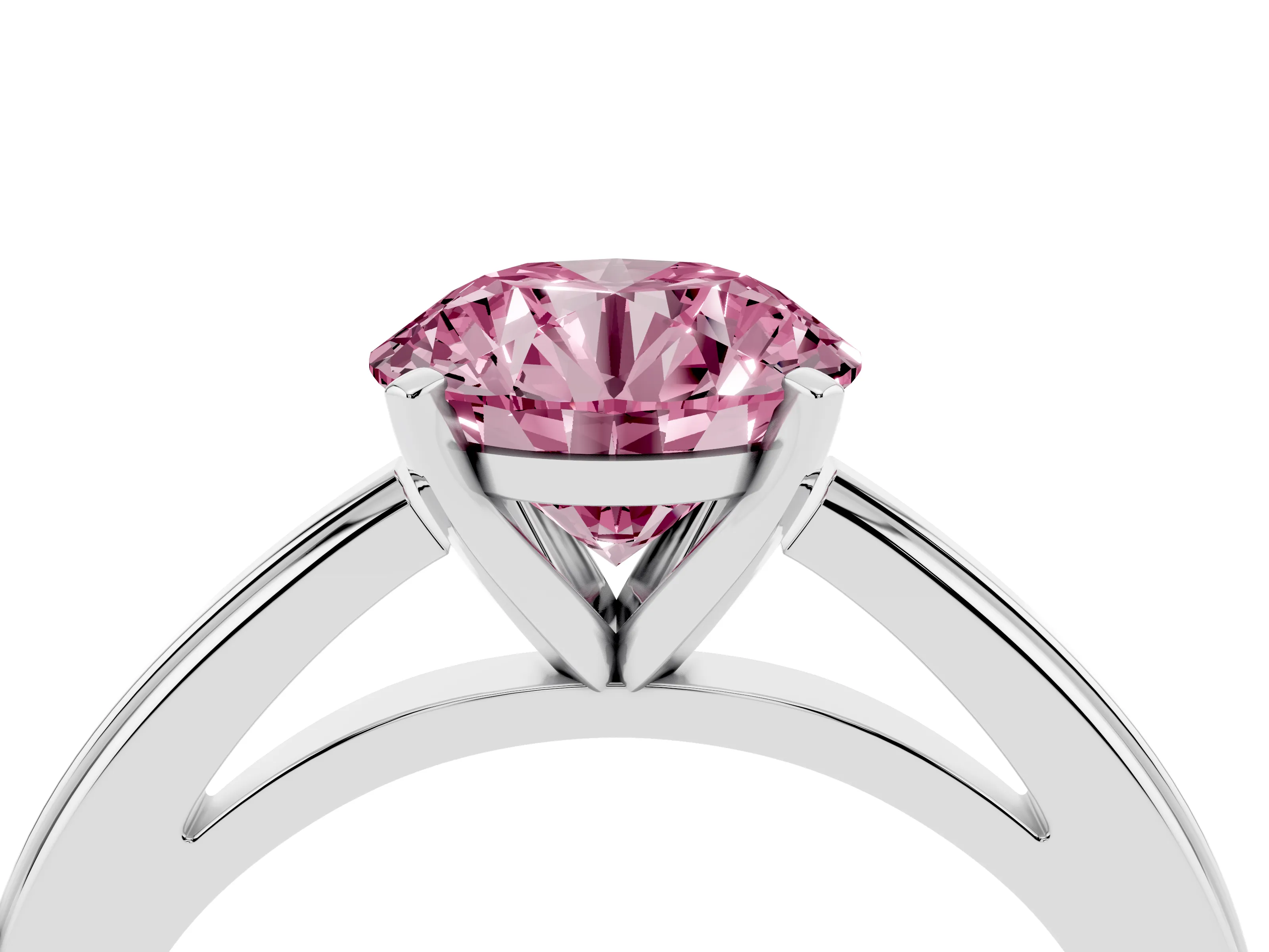 Fancy Pink Round Cut Diamond Solitaire Ring Set in Platinum with Prong Setting and Classic Band