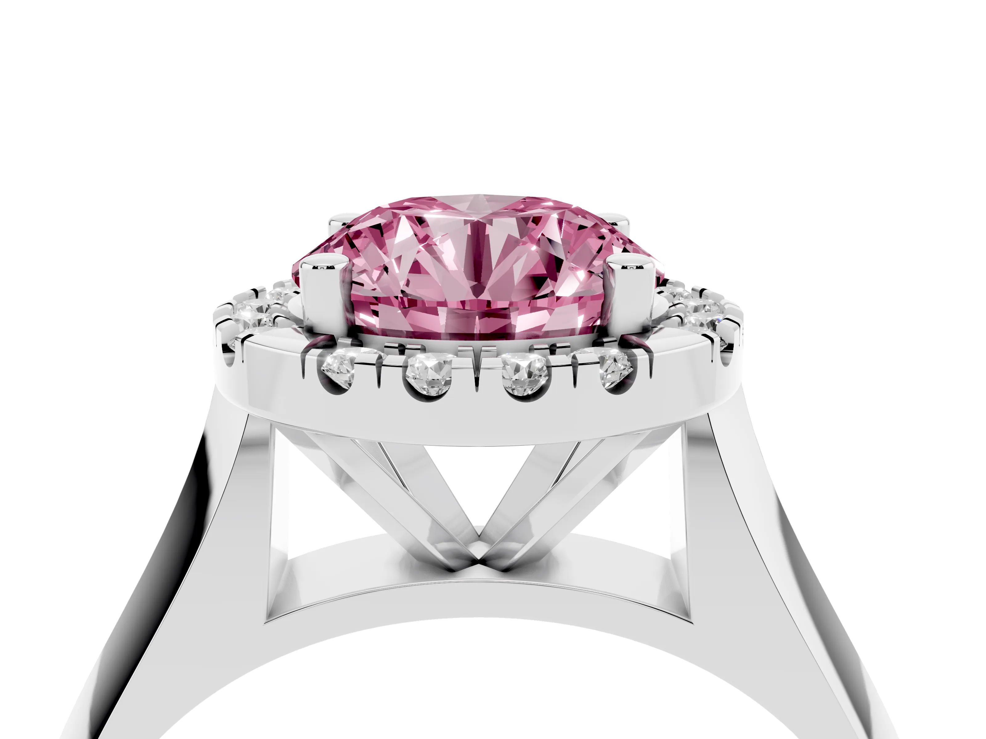Fancy Pink Round Cut Diamond Halo Solitaire Engagement Ring Set in White gold with Square Band and Prong Setting