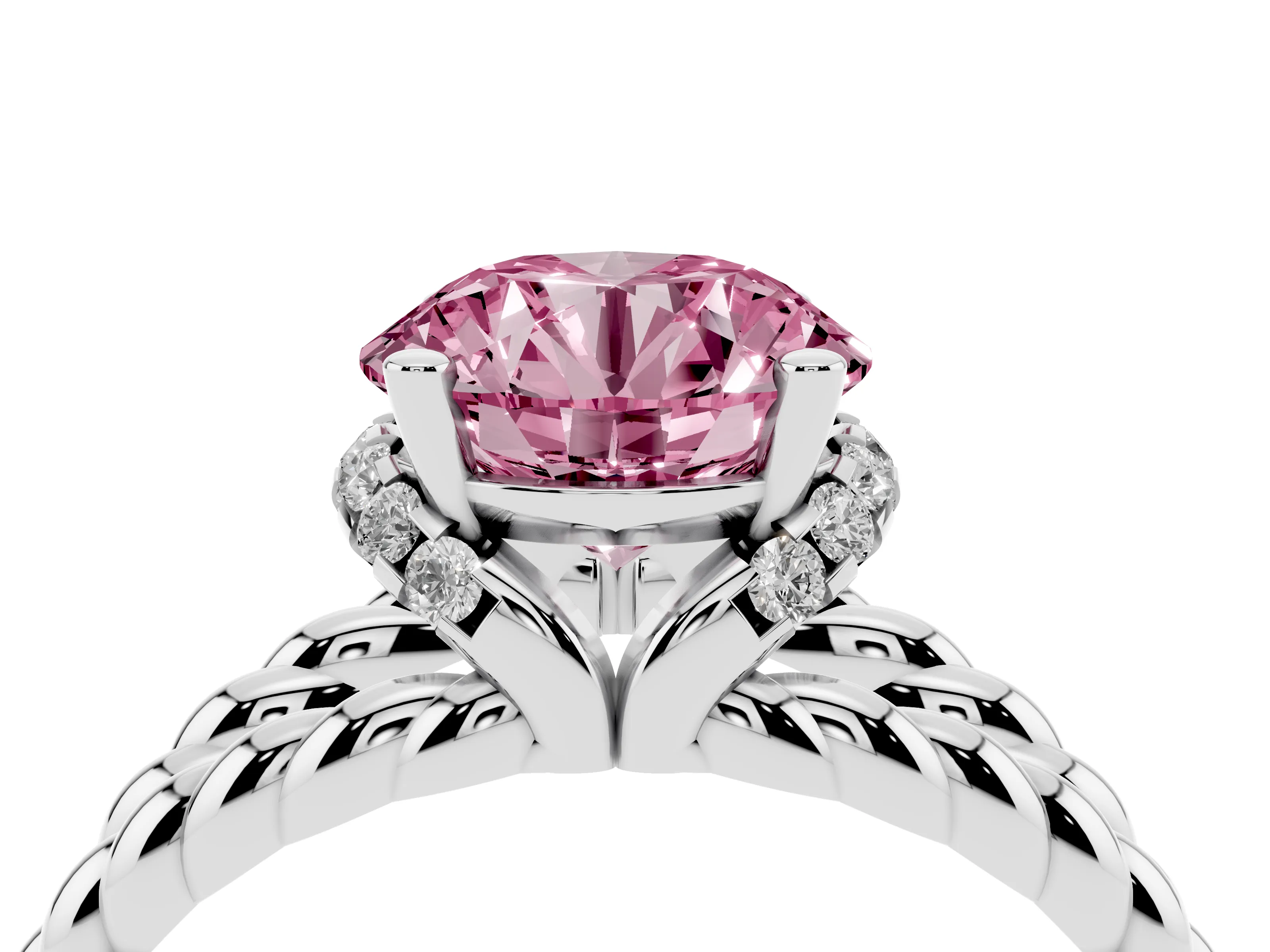 Fancy Pink Round Cut Diamond Halo Ring Set in White gold with Twisted Band and Prong Setting