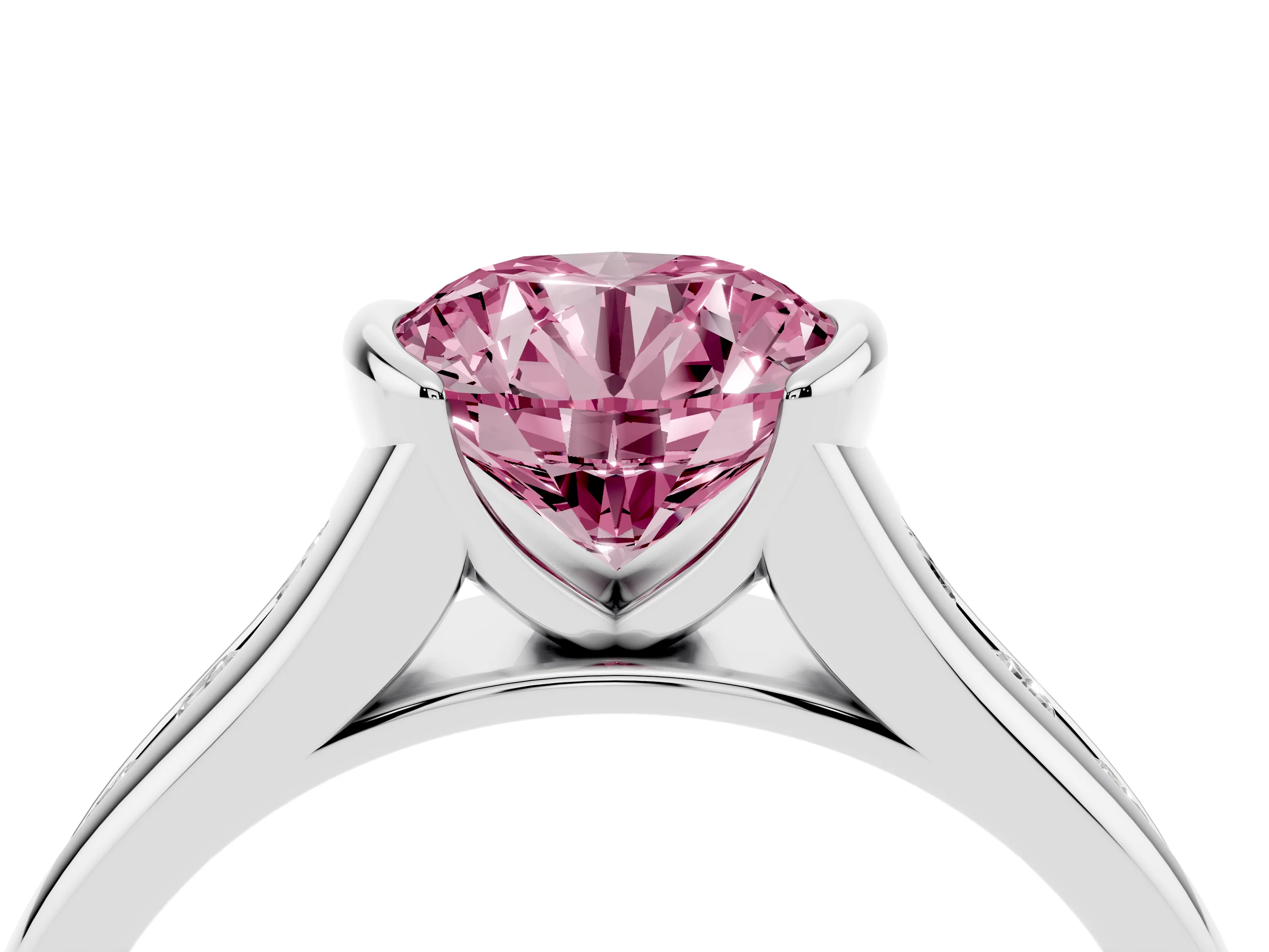 Fancy Pink Round Cut Diamond Bezel-Set Solitaire Ring Set in White gold with Channel-Set Band
