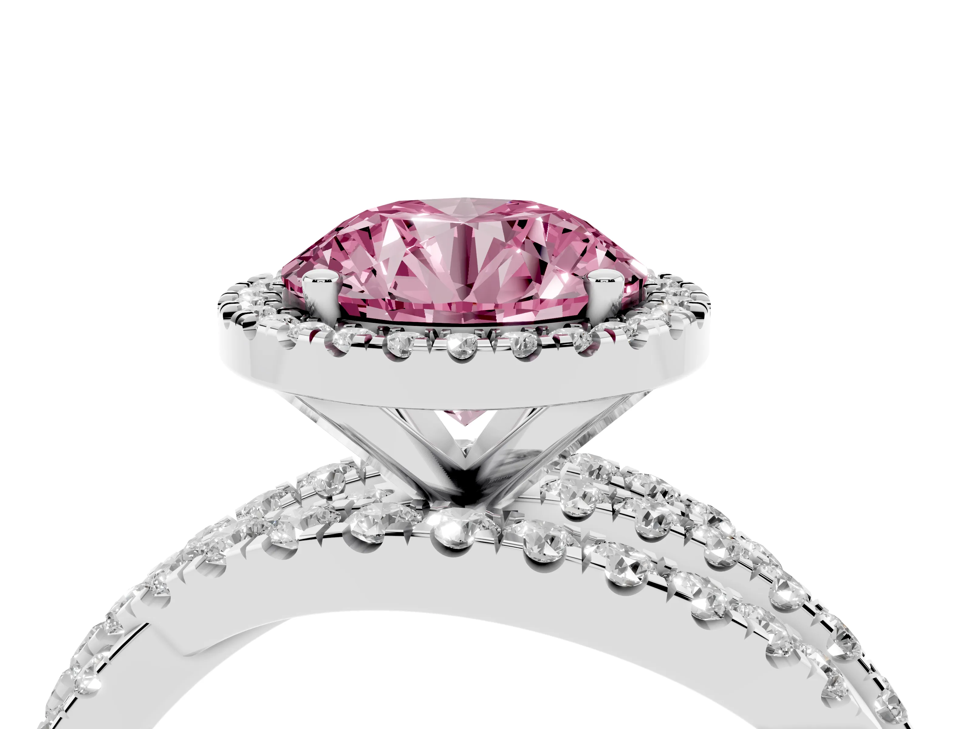 Fancy Pink Round Cut Diamond Halo Ring Set in Platinum with Round Crossover Split Shank and Prong Setting