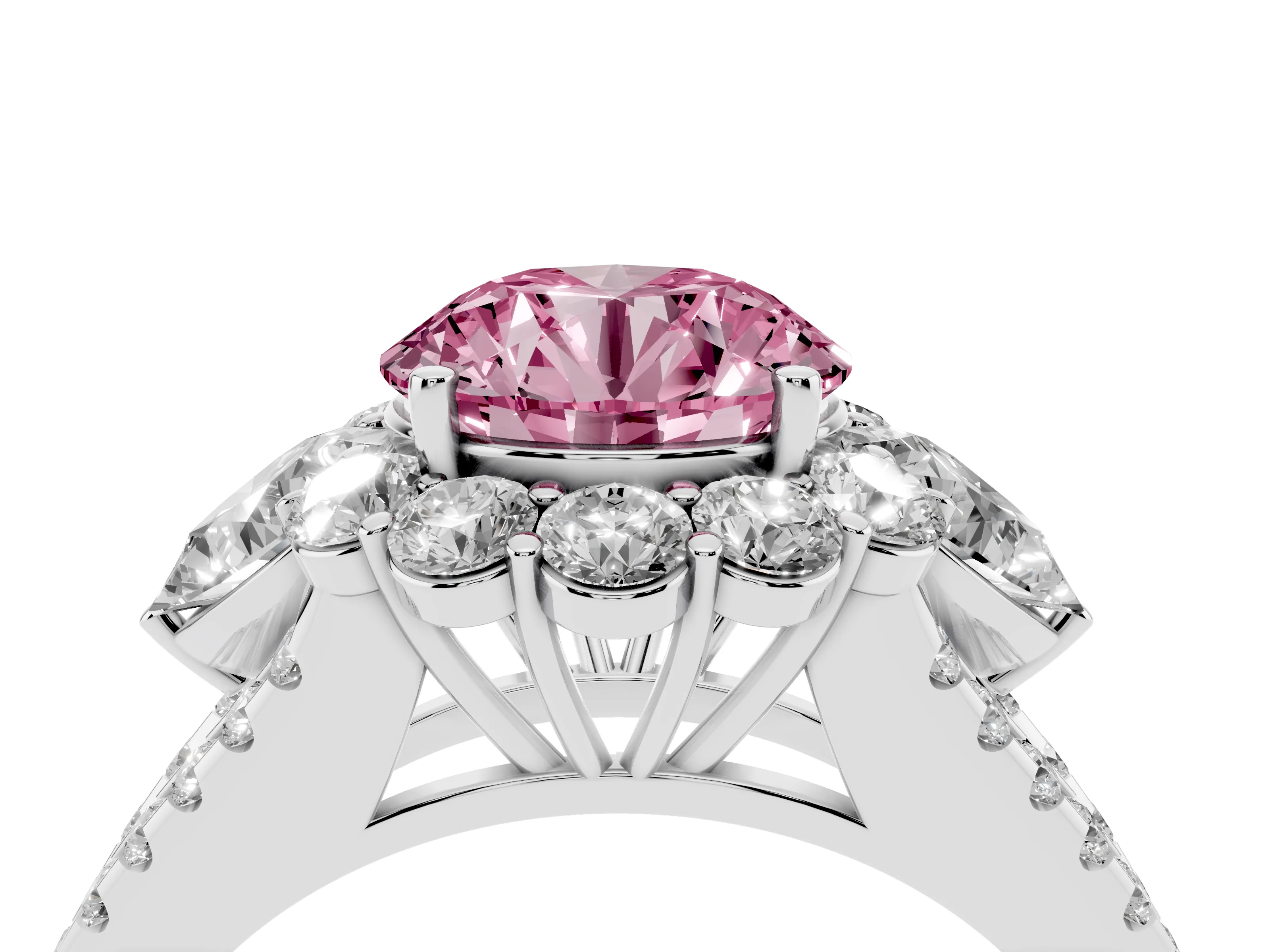 Fancy Pink Round Cut Diamond Halo Split Shank Engagement Ring Set in Platinum with Prong-Held Center Stone