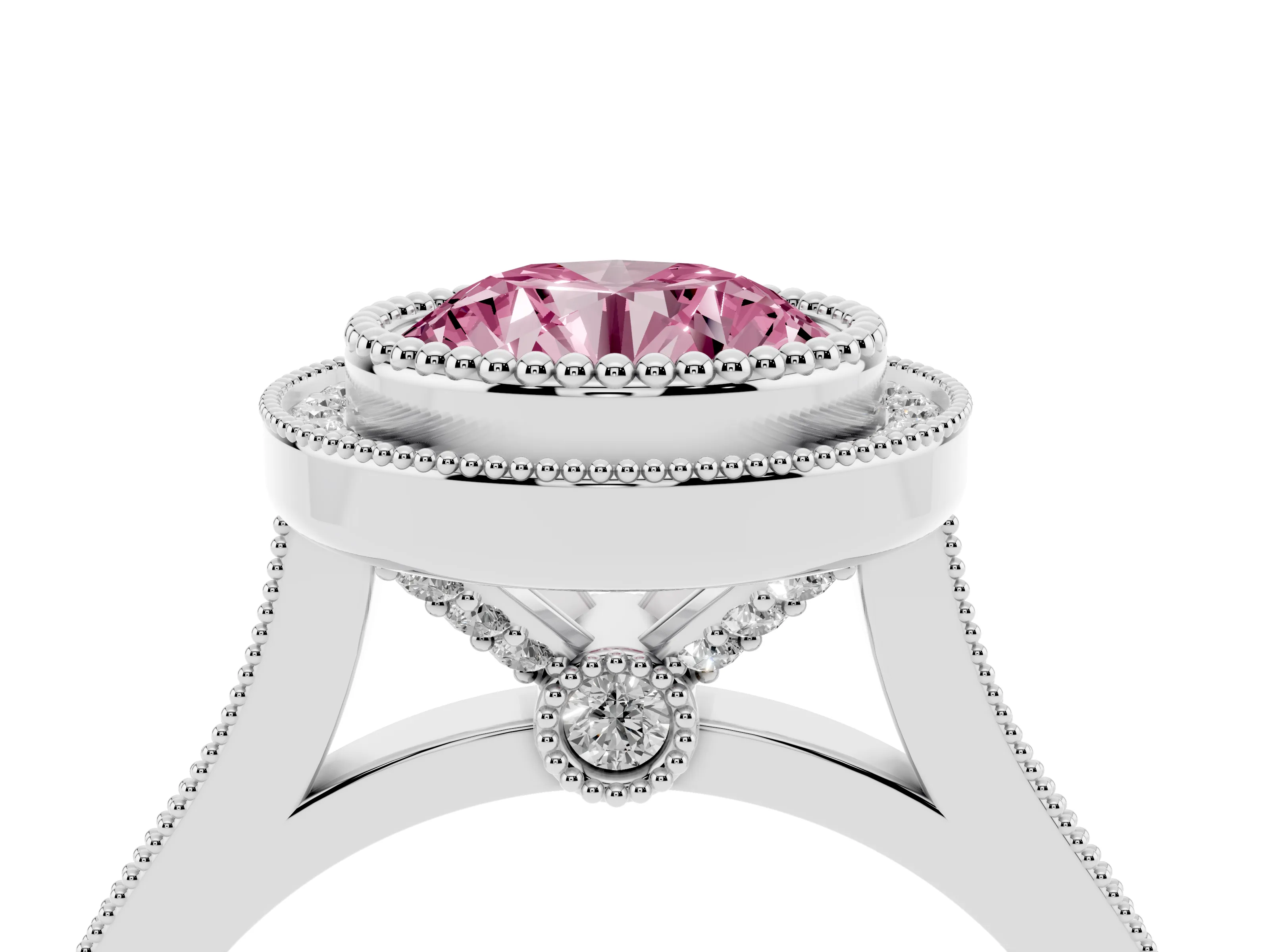 Fancy Pink Round Cut Diamond Halo Ring Set in White gold with Milgrain Frame and Pavé Band