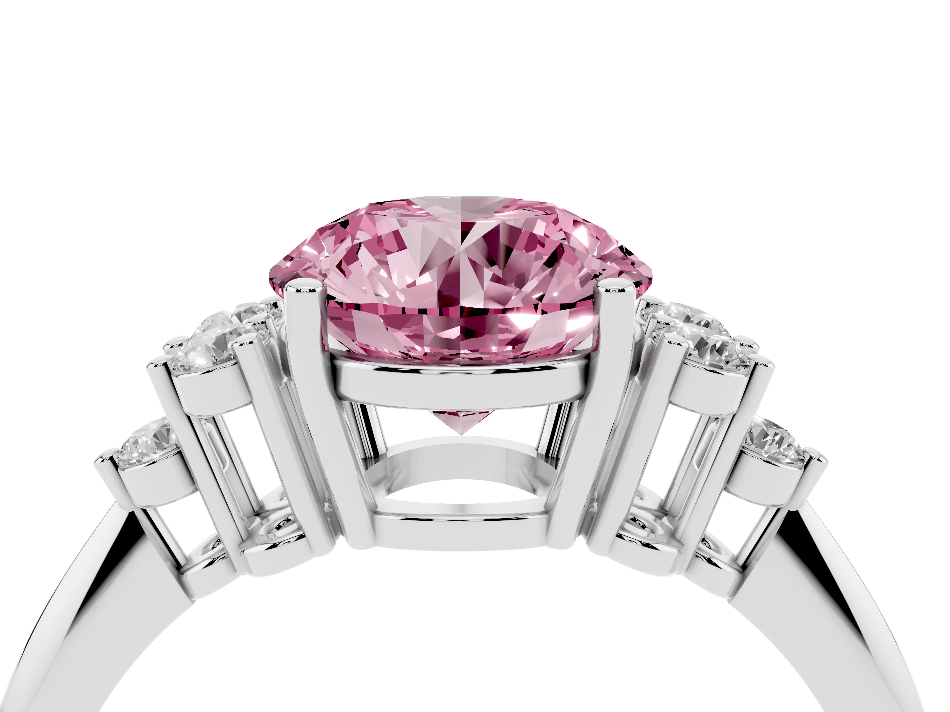 Fancy Pink Round Cut Diamond Cluster Ring Set in Silver with Plain Band and Prong Setting