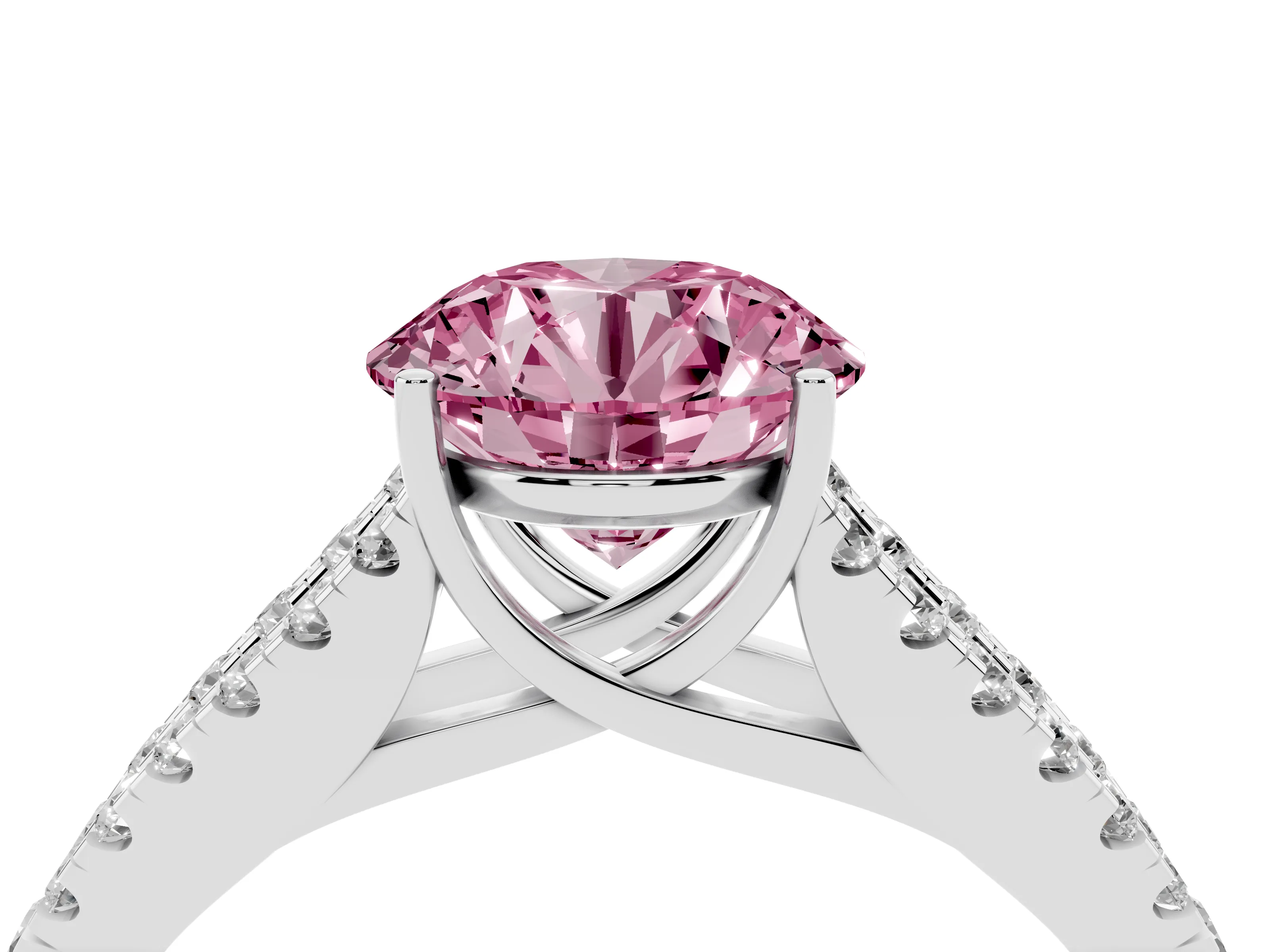 Fancy Pink Round Cut Diamond Split Shank Pavé Engagement Ring Set in Platinum with Prong-Held Center Stone