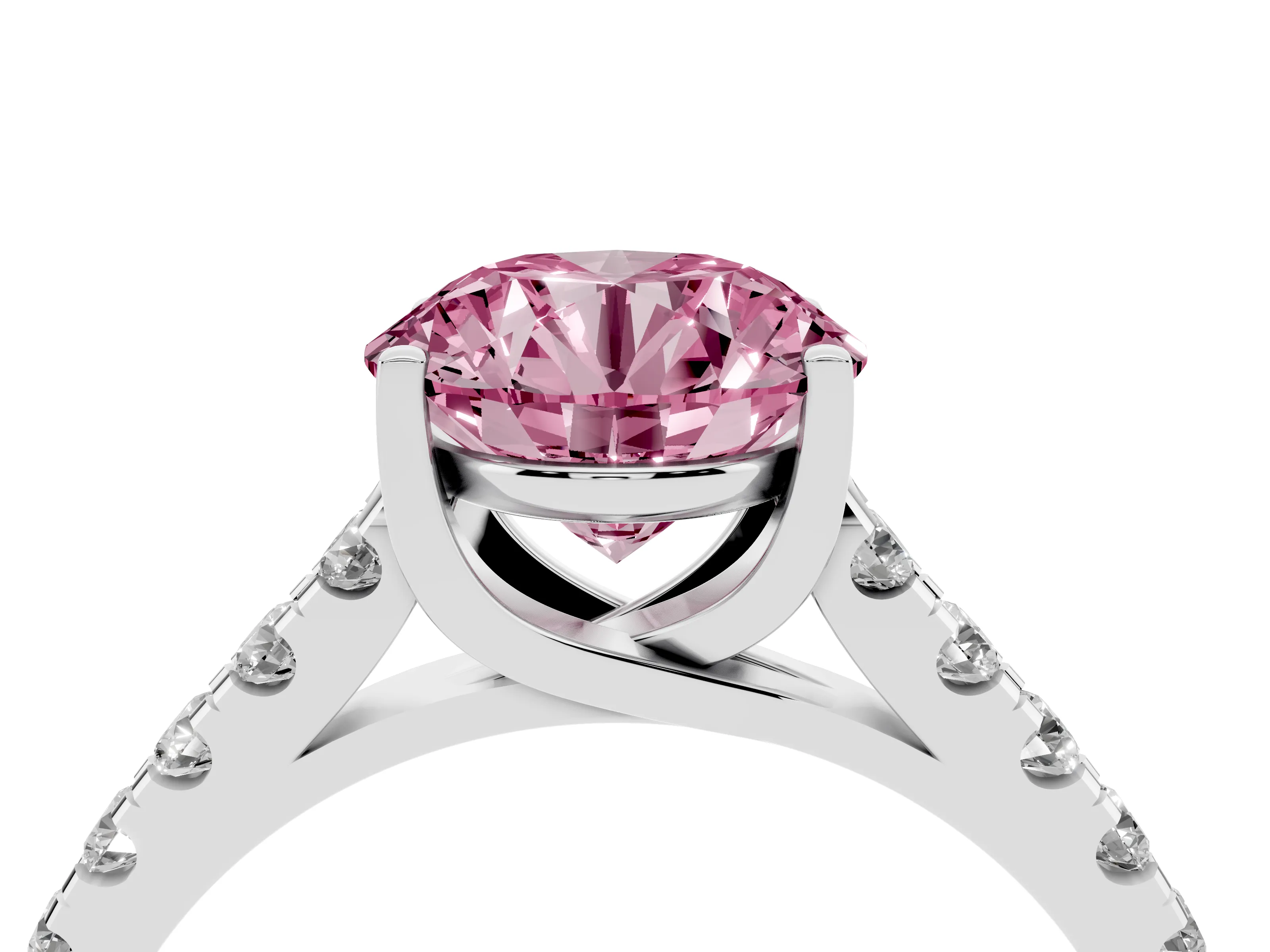 Fancy Pink Round Cut Diamond Pavé Band Solitaire Ring Set in Platinum with Partway Accent Stones and Prong Setting