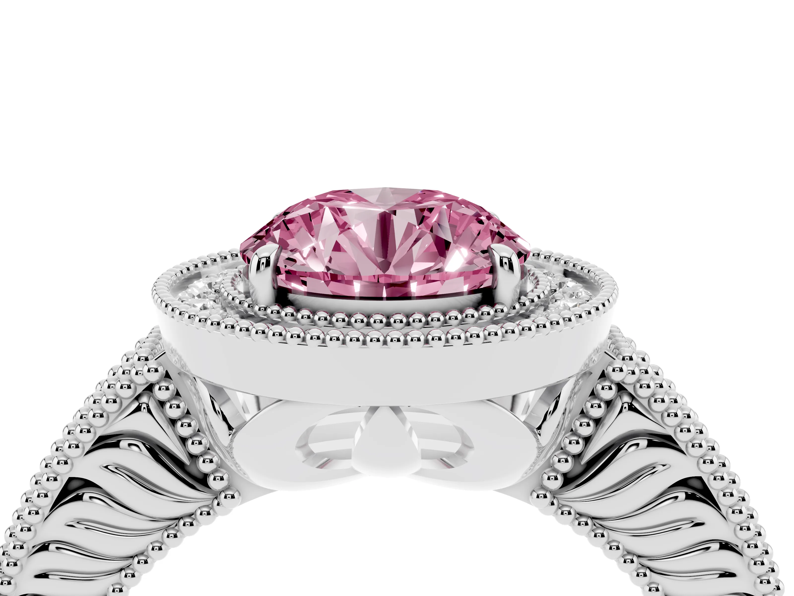 Fancy Pink Round Cut Diamond Halo Ring Set in White gold with Round Accent Halo, Pavé Band and Prong Setting