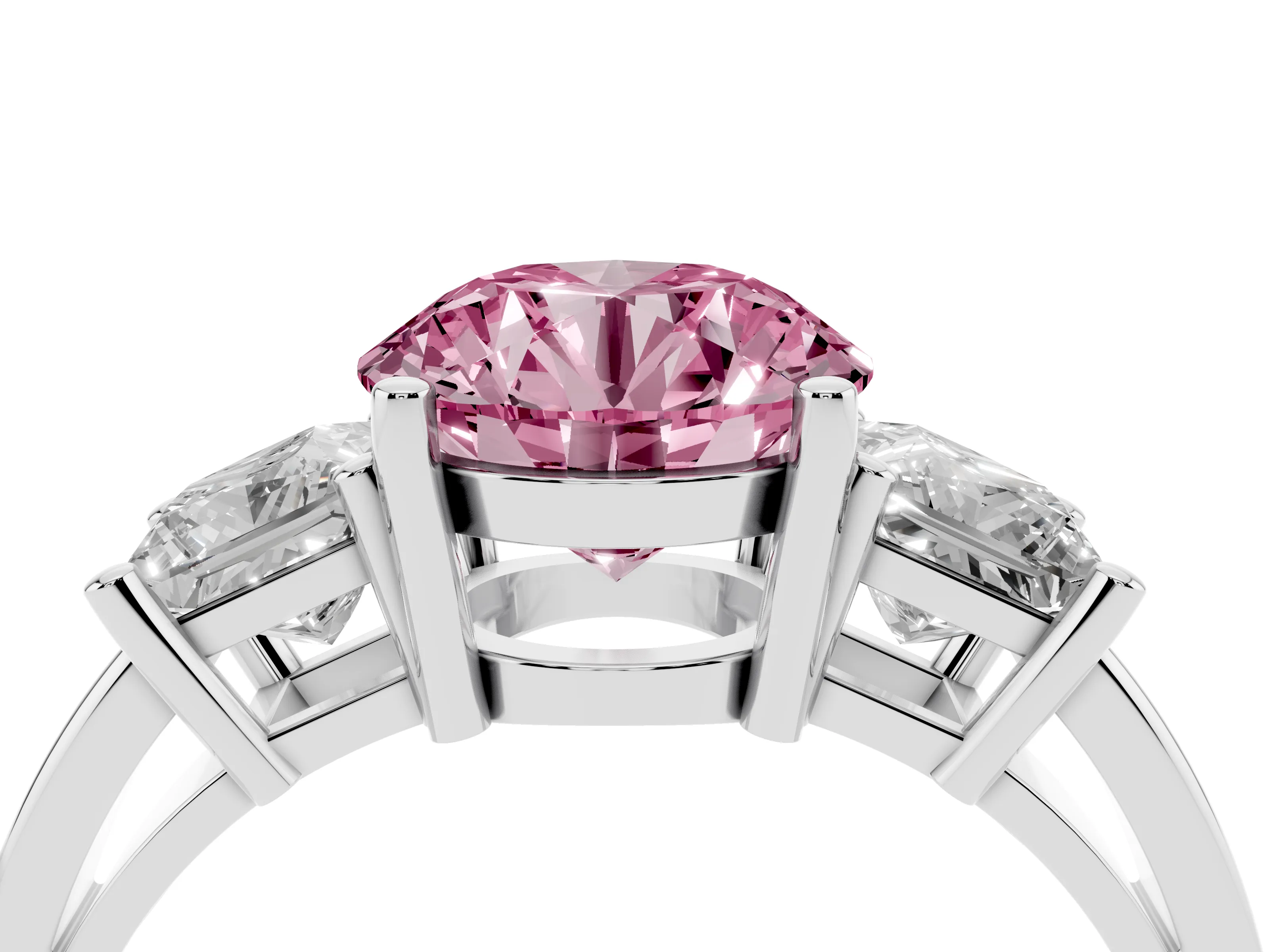 Fancy Pink Three-Stone Round Cut Diamond Solitaire Ring Set in White gold with Prong Setting